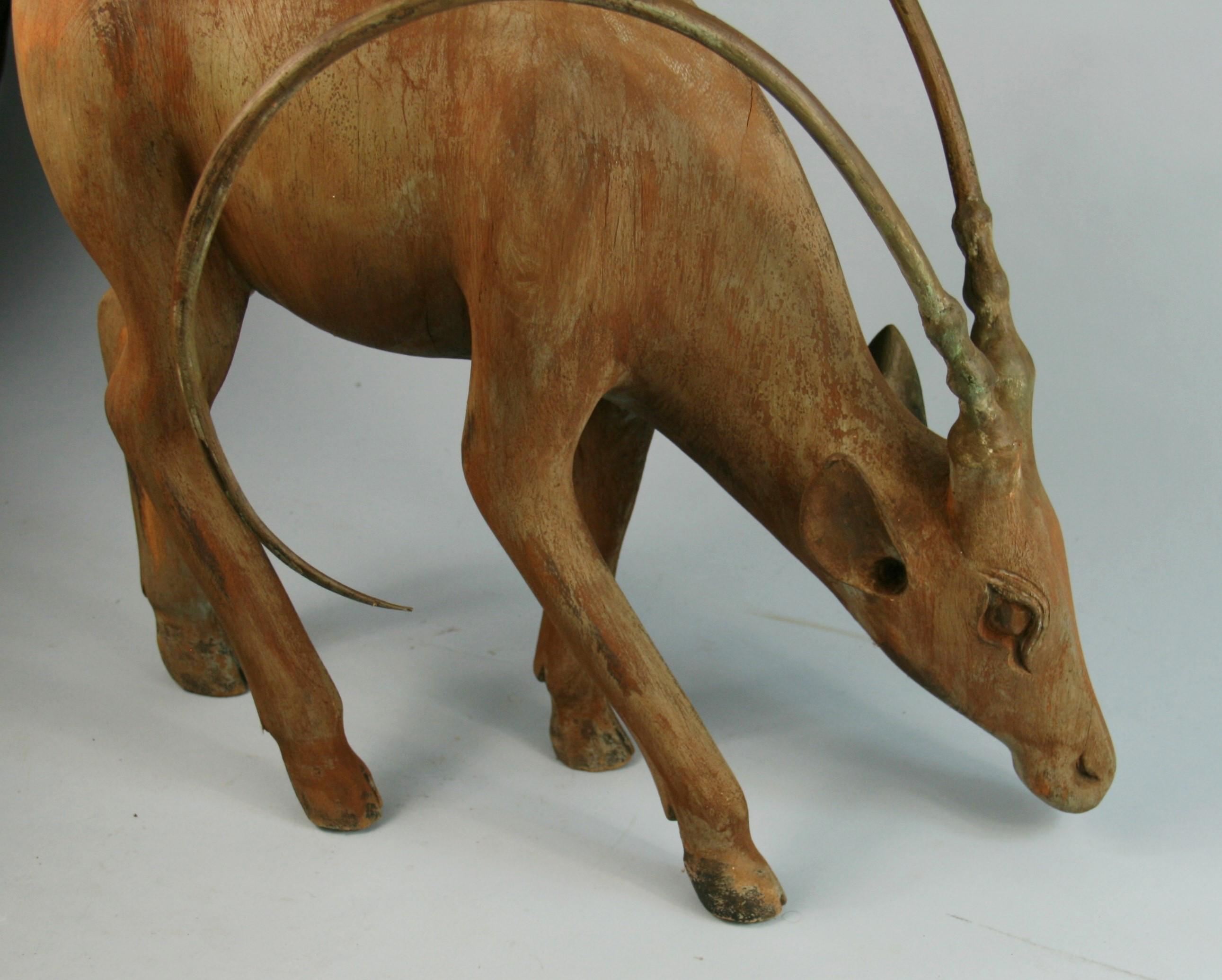 Large Folk Art Carved Wood Animal 'Ibex' Sculpture 1