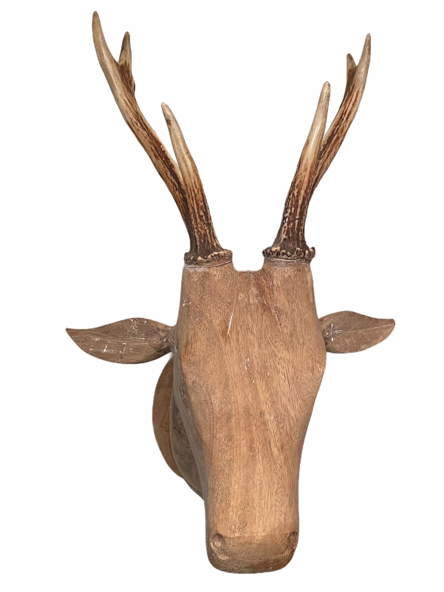 Black Forest Large Folk Art Carved Wood Deer Head with Real Antlers, 19th Century