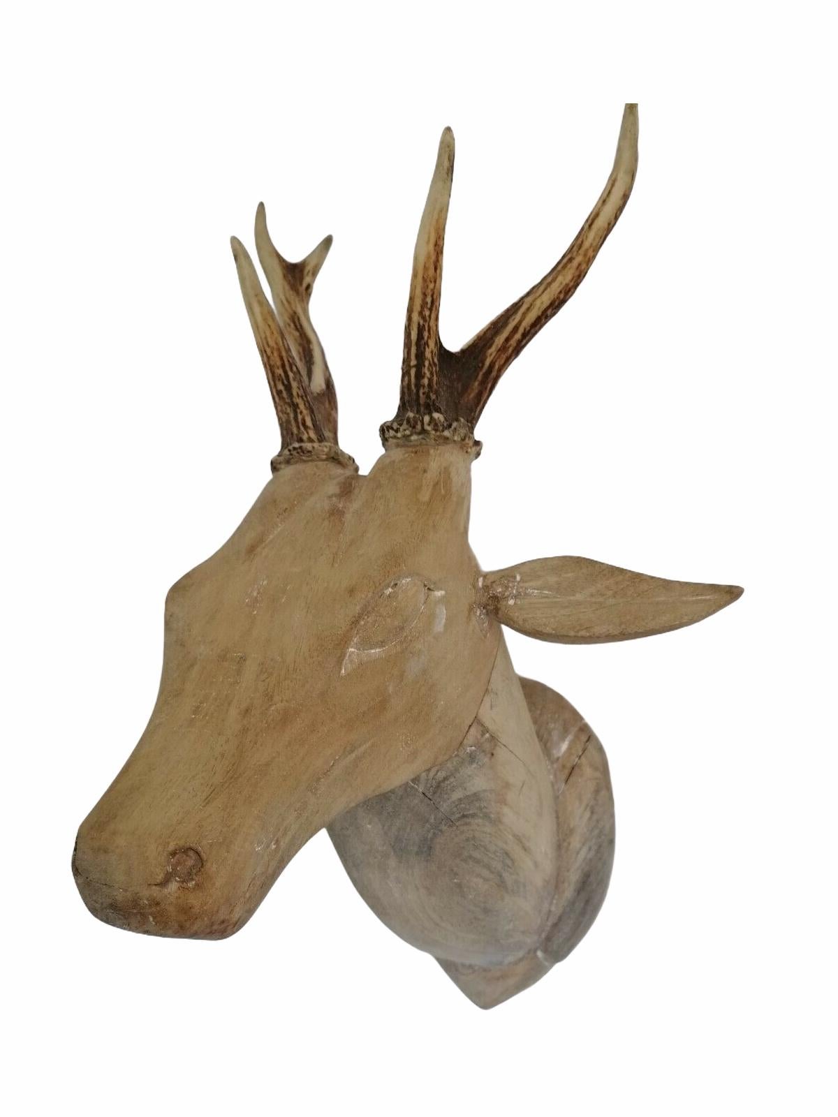 German Large Folk Art Carved Wood Deer Head with Real Antlers, 19th Century
