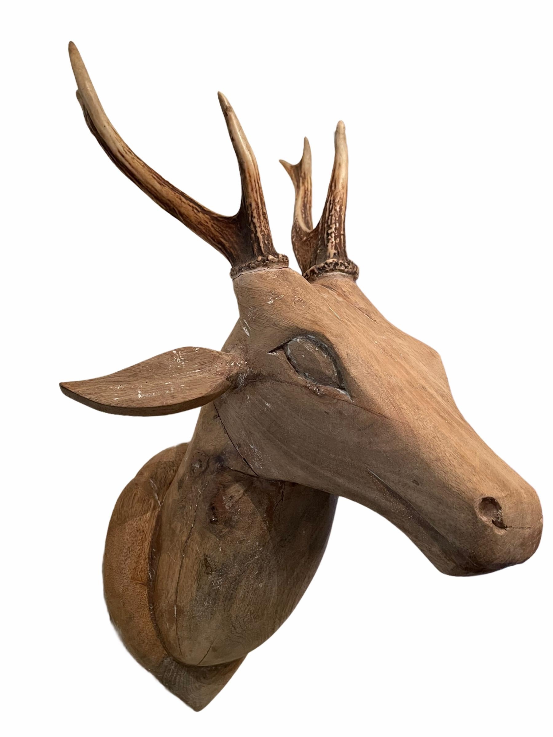 Hand-Carved Large Folk Art Carved Wood Deer Head with Real Antlers, 19th Century
