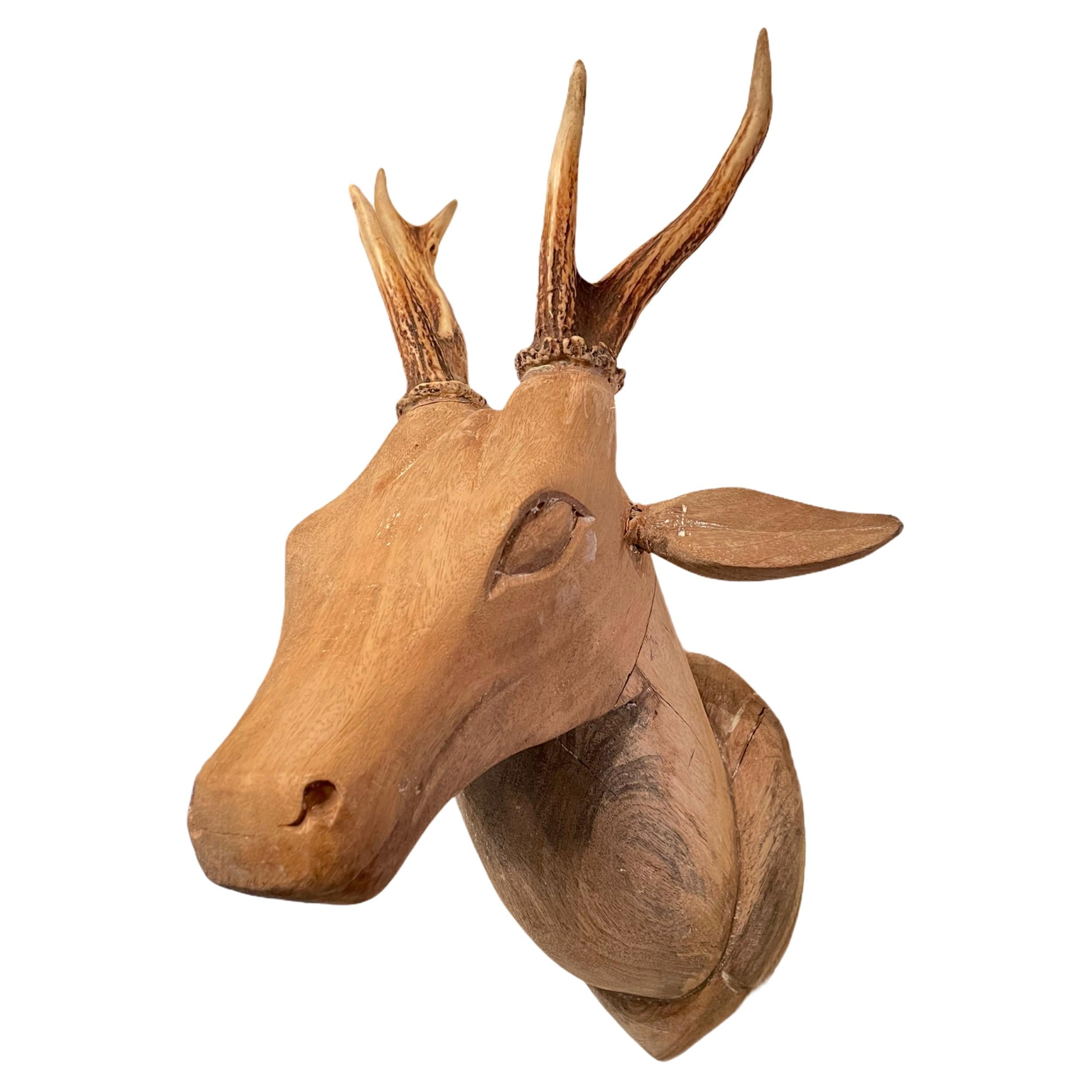 Large Folk Art Carved Wood Deer Head with Real Antlers, 19th Century