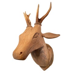 Large Folk Art Carved Wood Deer Head with Real Antlers, 19th Century