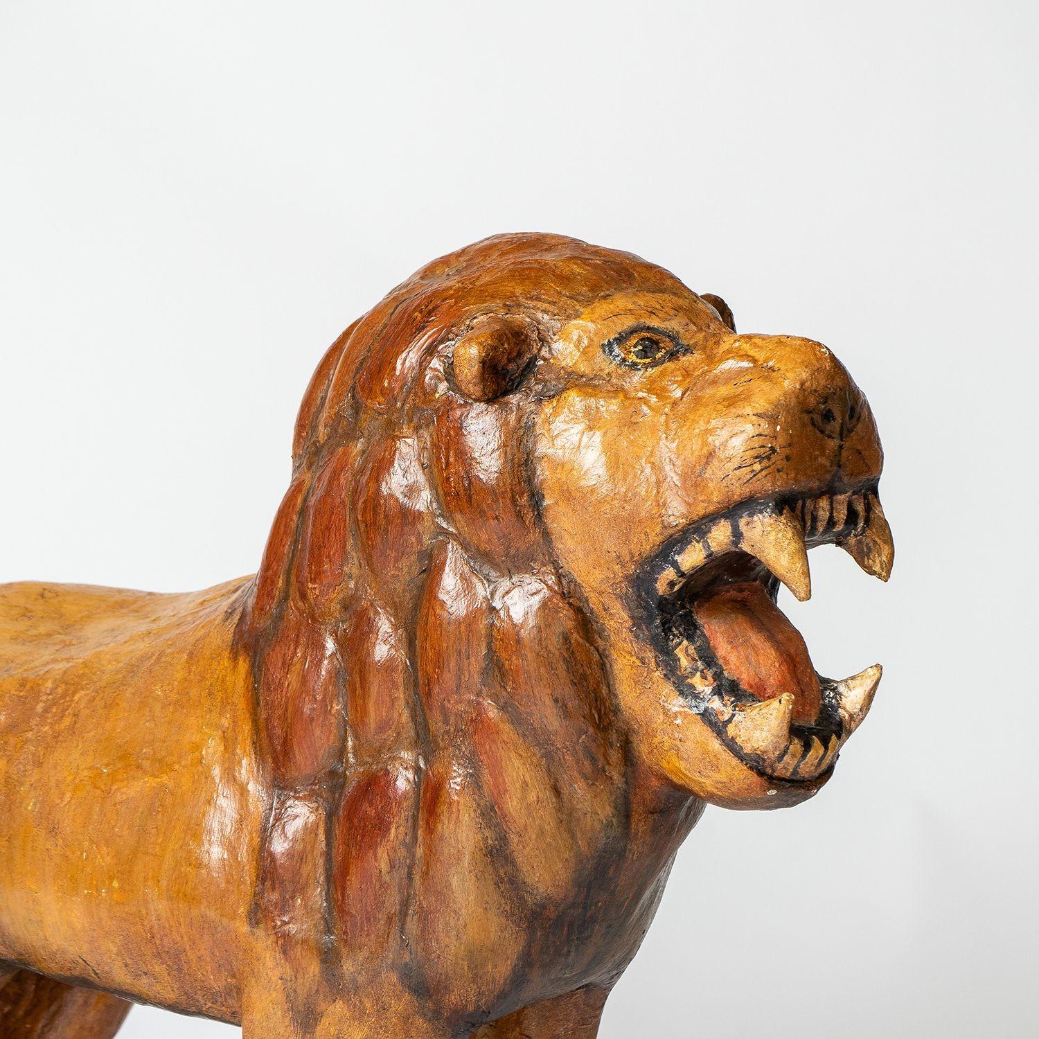 Hand-Painted Large Folk Art Lion Sculpture, Paper Mache, Early 20th Century