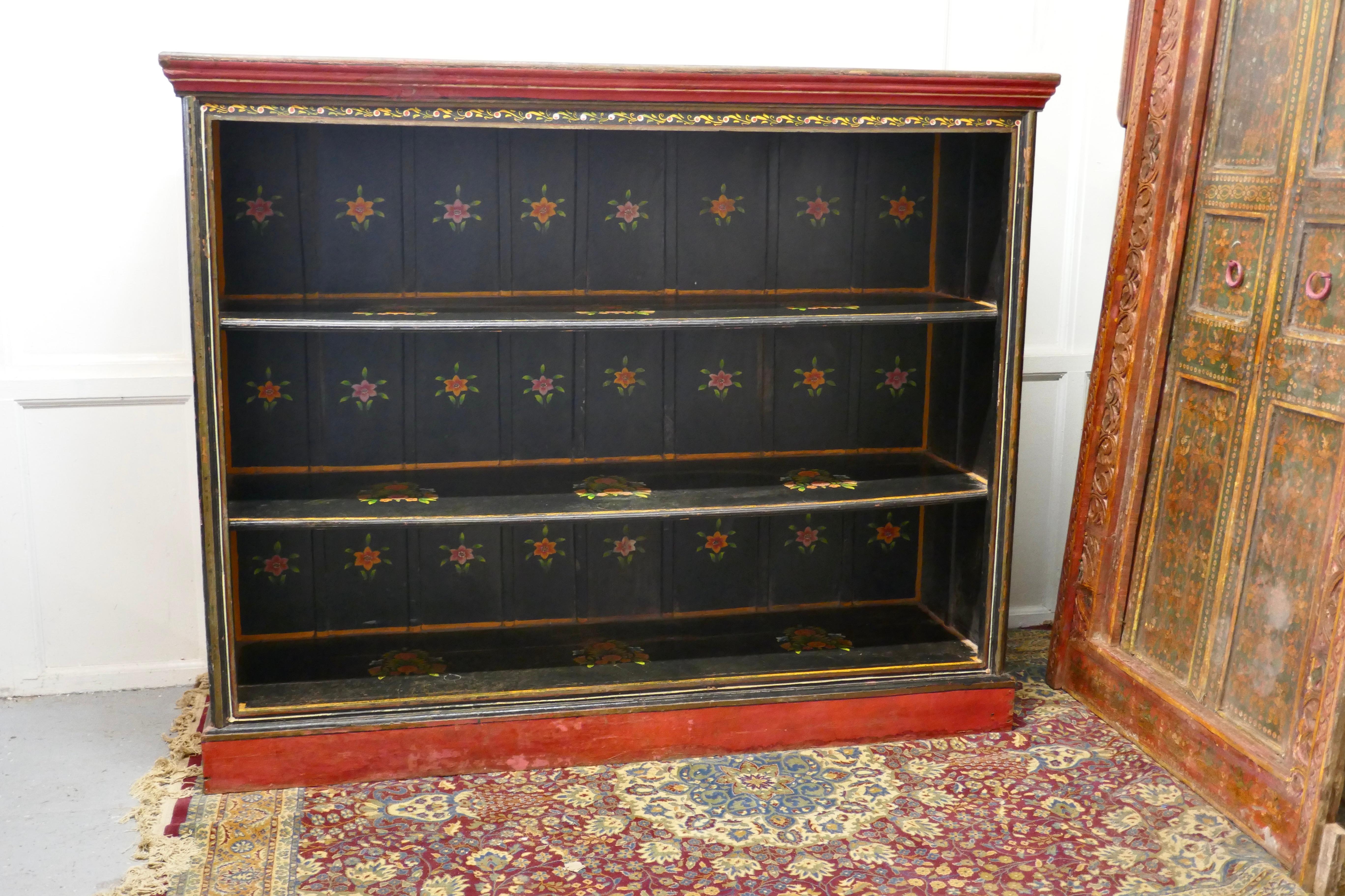 19th Century Large Painted Open Bookcase, Folk Art For Sale