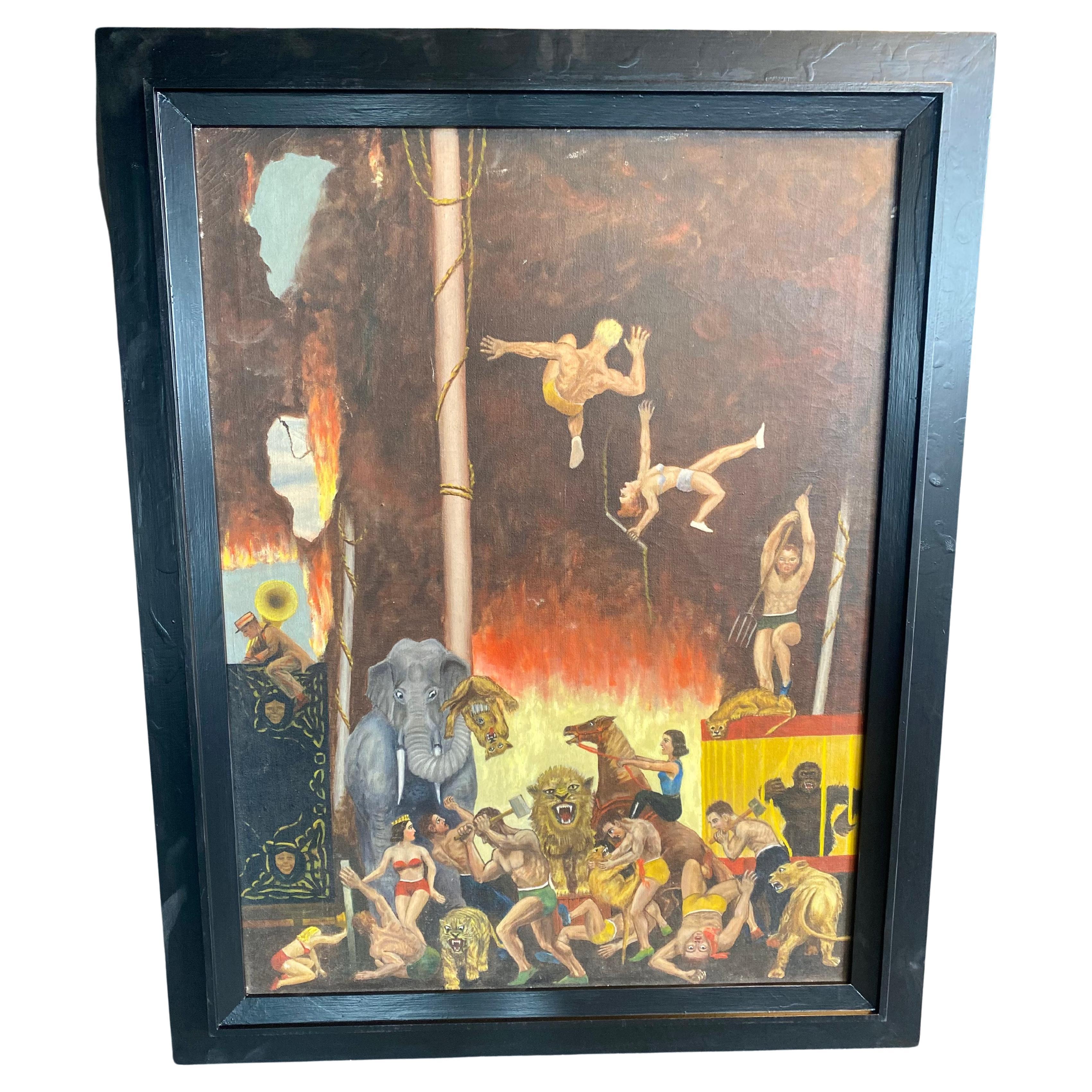 Grande peinture à l'huile sur toile représentant une scène de cirque. 
