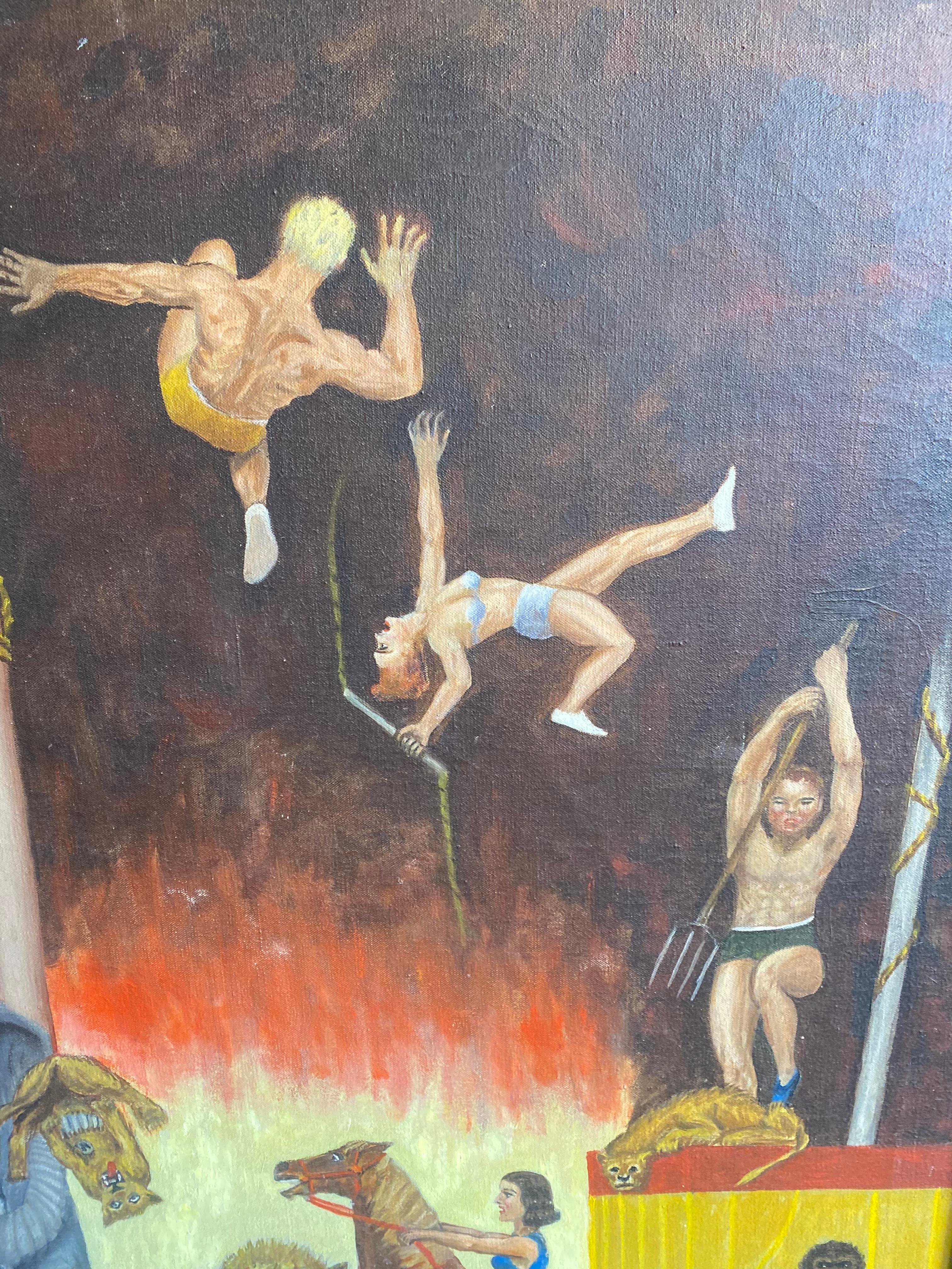 Américain Grande peinture à l'huile Folk art /surréaliste sur toile. Scène de cirque. 