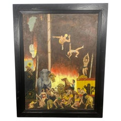 Used Large Folk art /surrealist Oil painting on canvas.. Circus scene. " Burning Tent