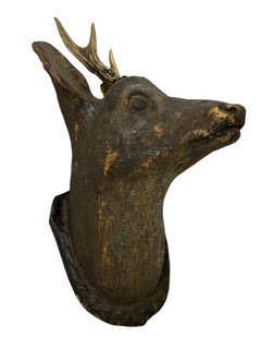 Large Folk Art Terracotta Deer Head with Real Antlers, 19th Century