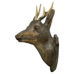 Large Folk Art Terracotta Deer Head with Real Antlers, 19th Century