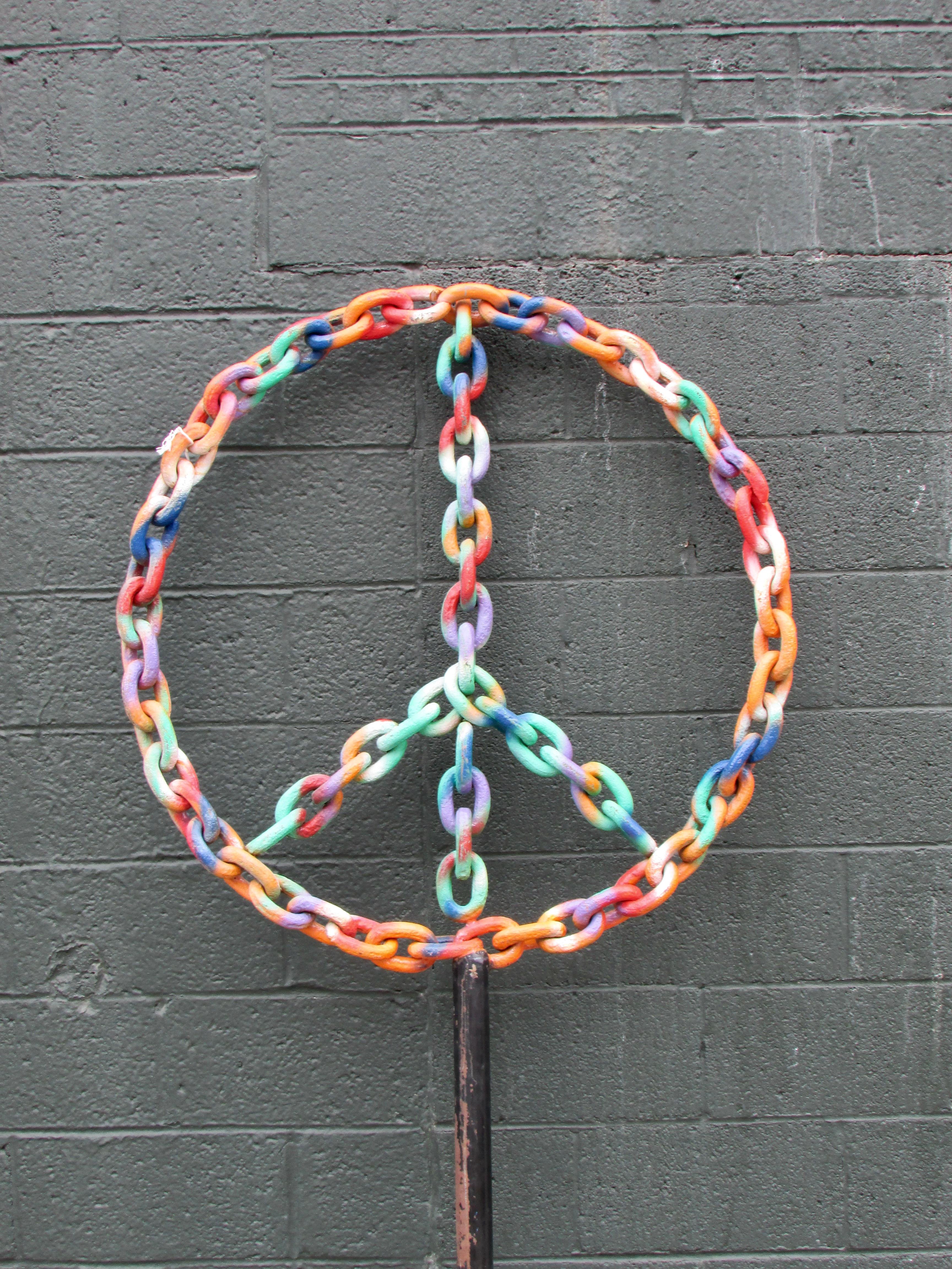 Bohemian Large Folk Art Welded Chain Peace Sign Garden Sculpture For Sale