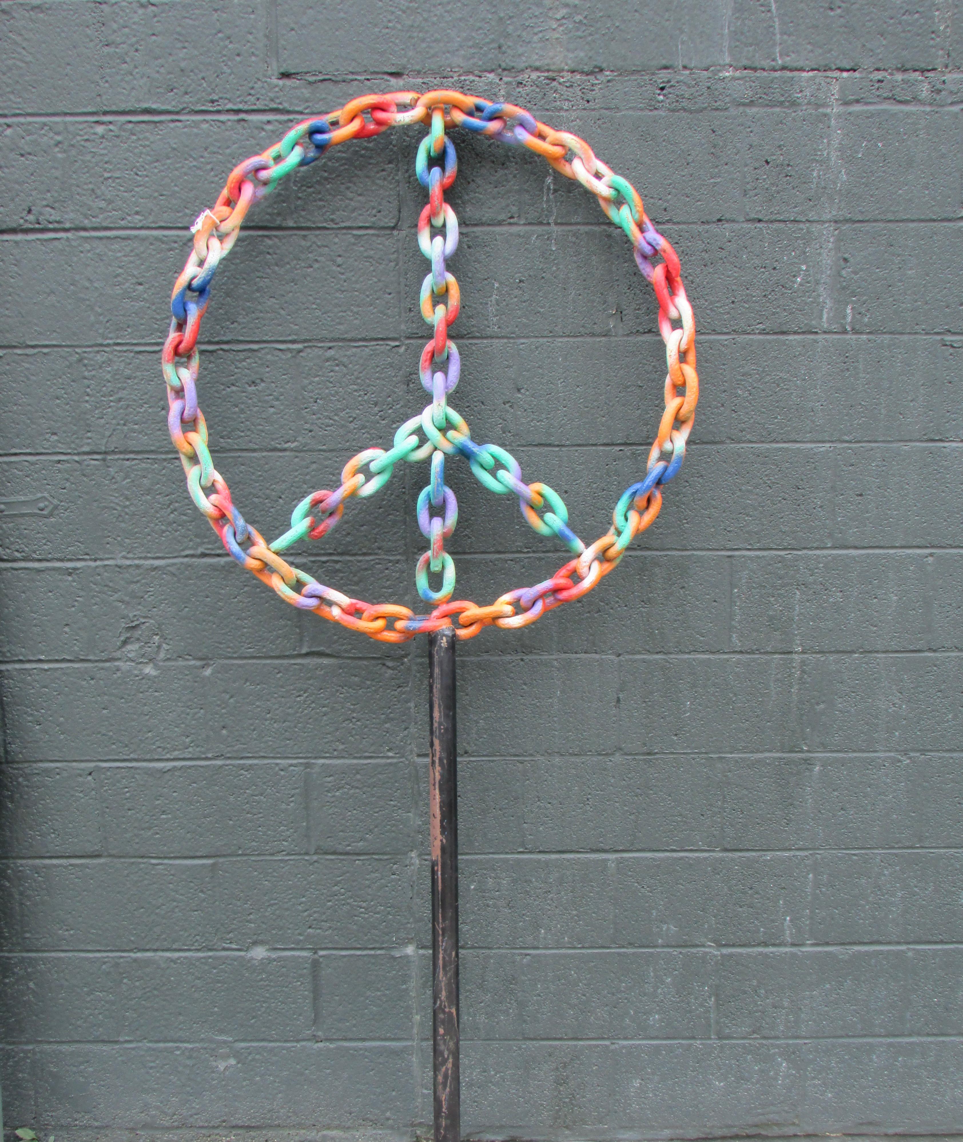 20th Century Large Folk Art Welded Chain Peace Sign Garden Sculpture For Sale