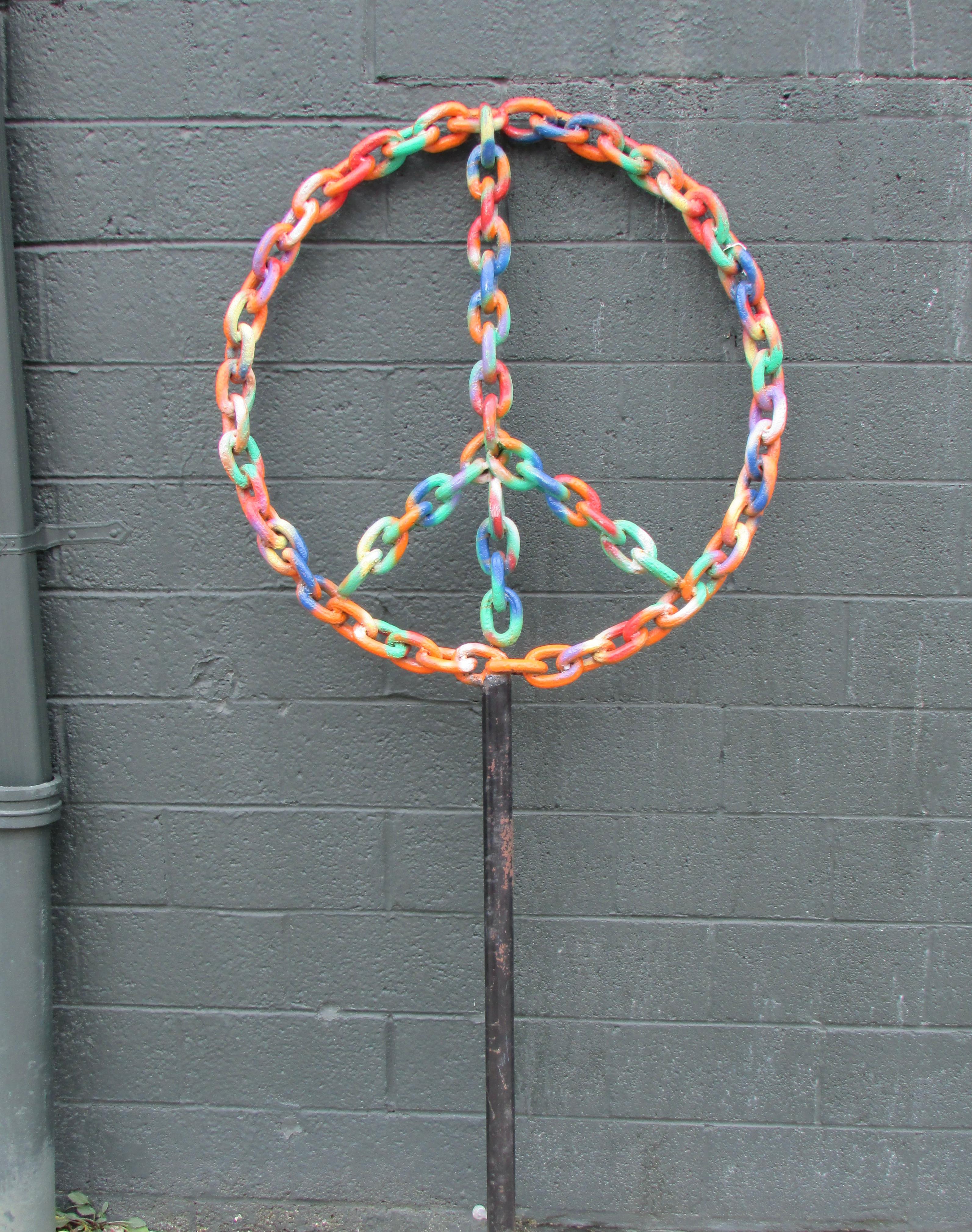 Steel Large Folk Art Welded Chain Peace Sign Garden Sculpture For Sale