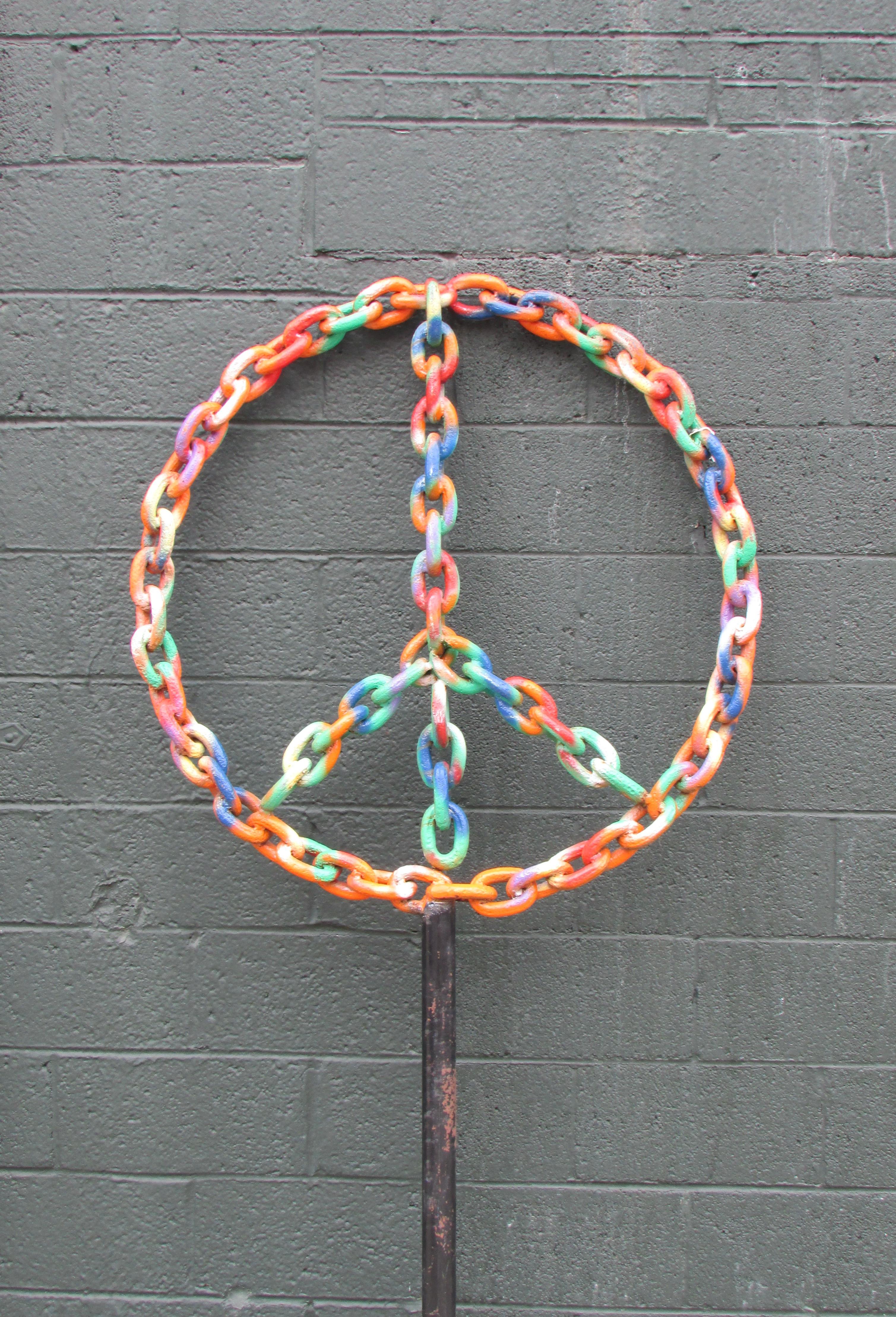 Large Folk Art Welded Chain Peace Sign Garden Sculpture For Sale 1
