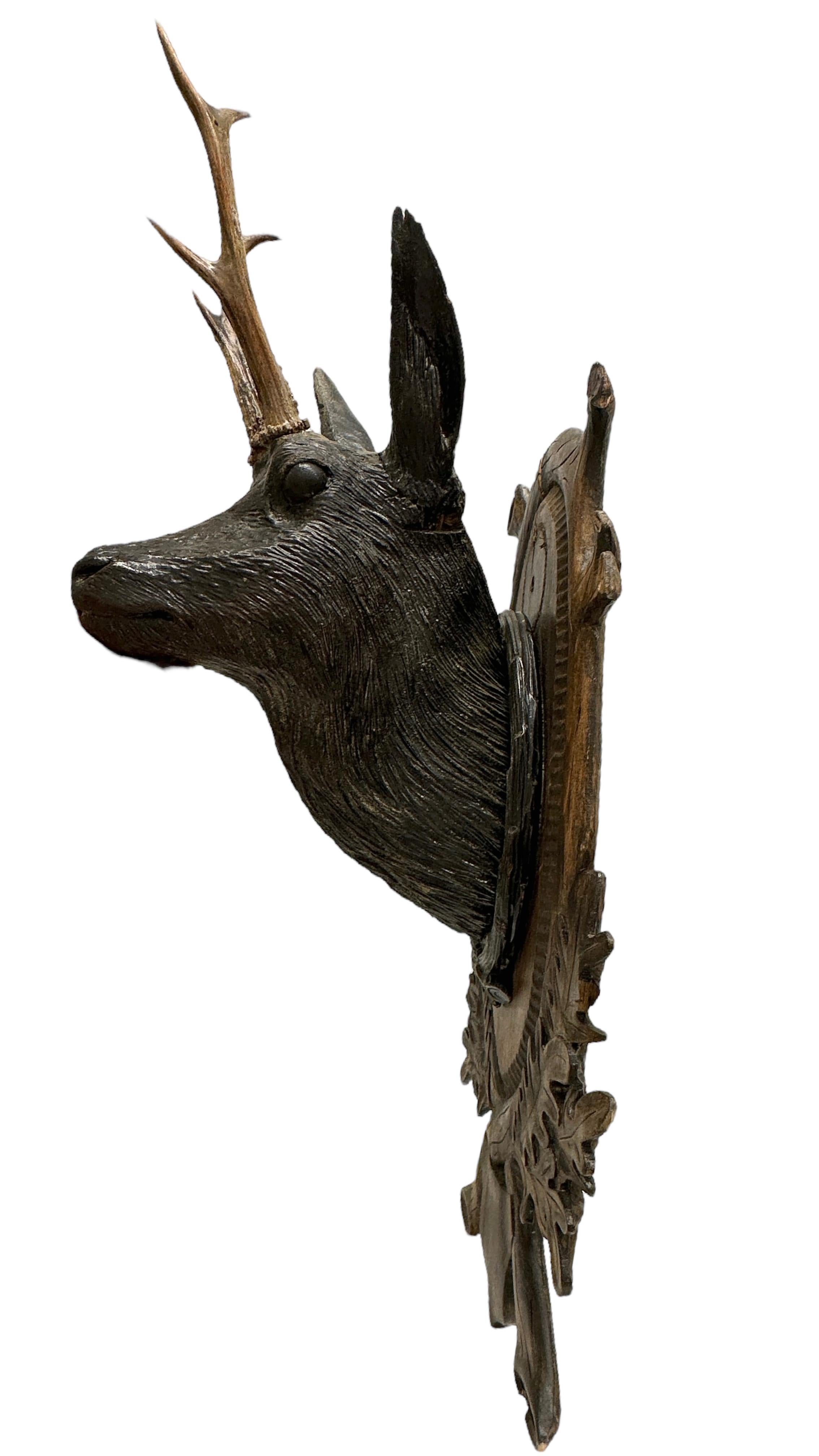 Large Folk Art Wood Carved Deer Head Plaque Trophy with Real Antlers, Austria 1
