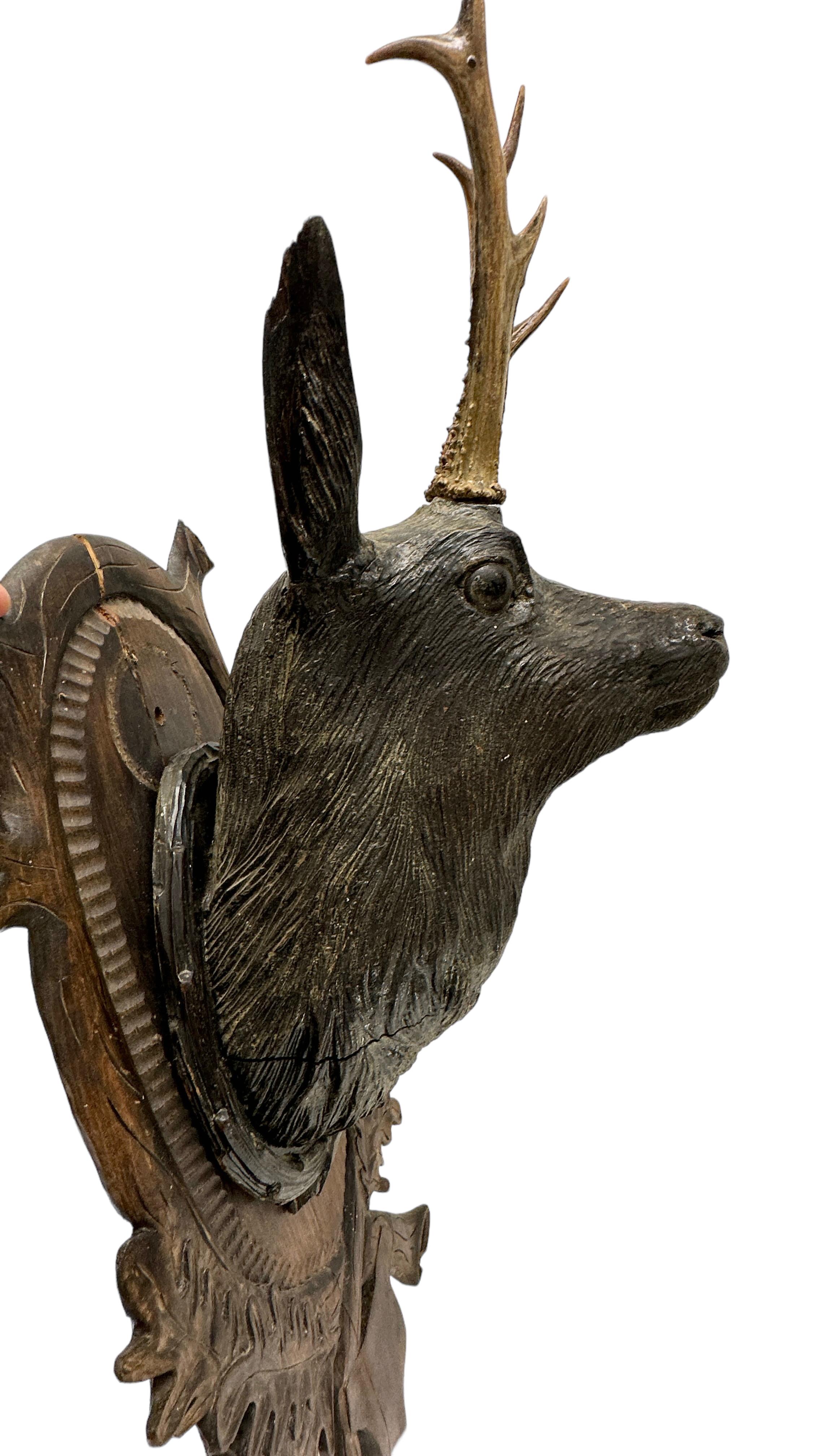 Large Folk Art Wood Carved Deer Head Plaque Trophy with Real Antlers, Austria 2