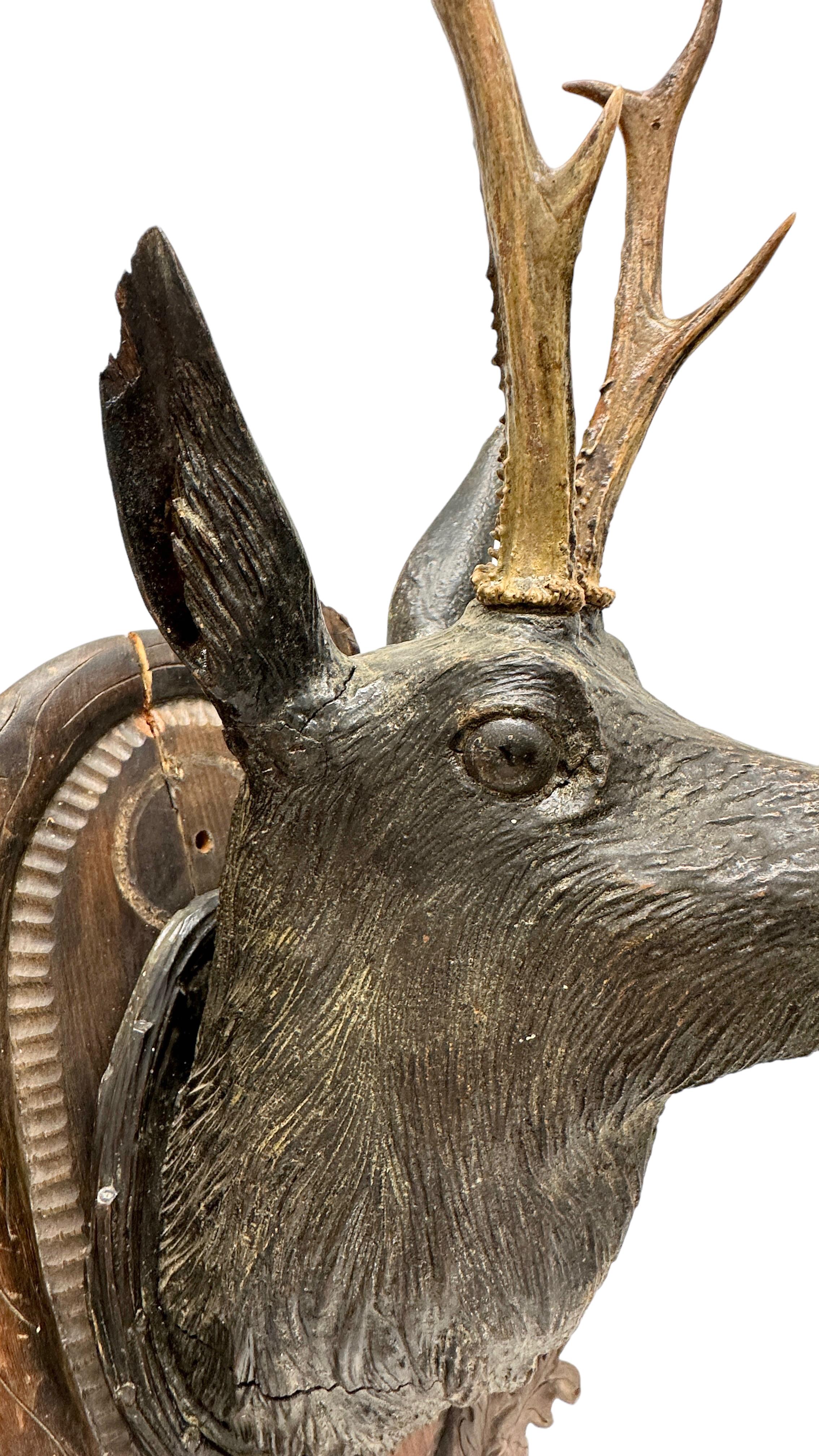 Large Folk Art Wood Carved Deer Head Plaque Trophy with Real Antlers, Austria 4