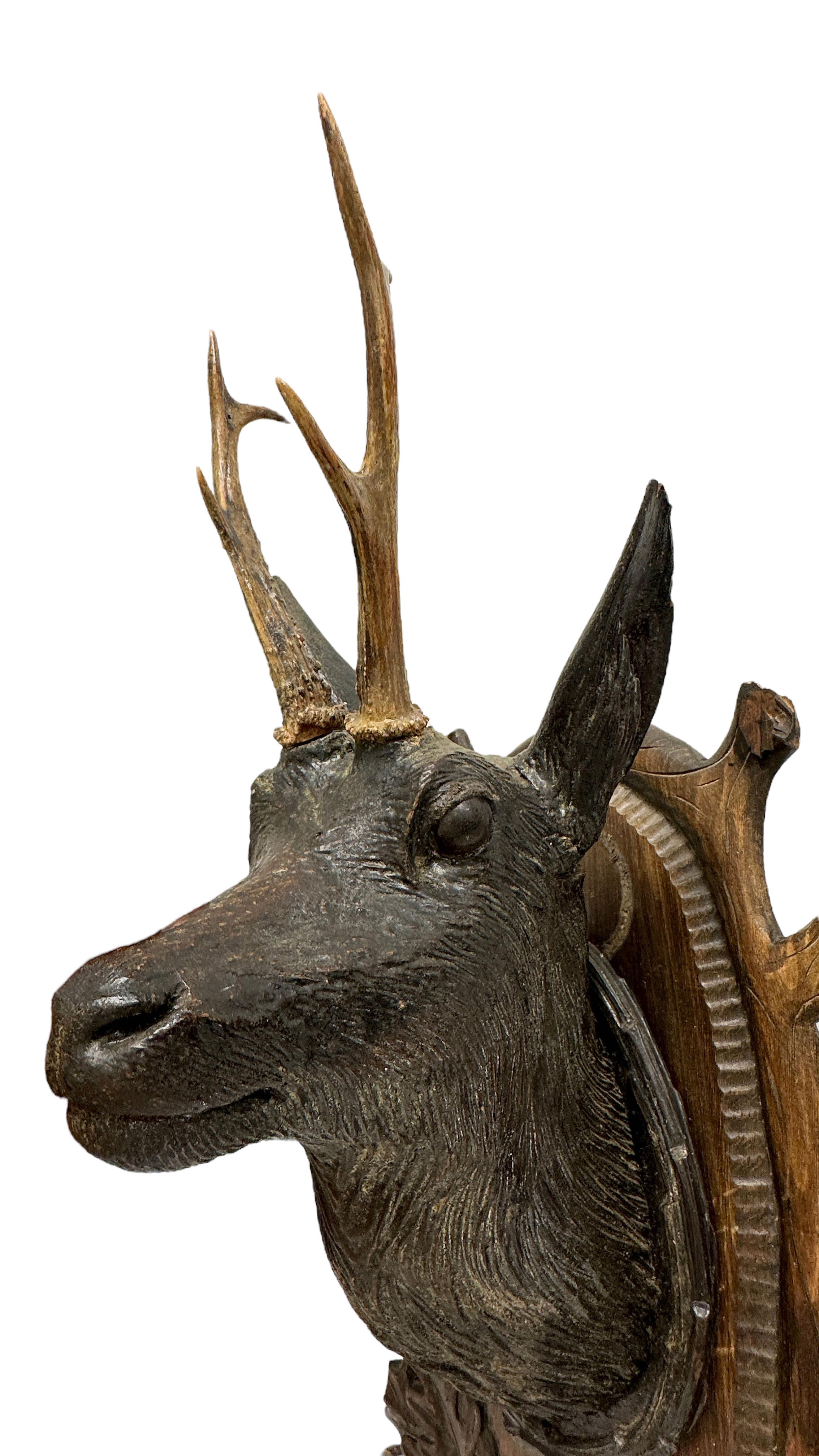 Large Folk Art Wood Carved Deer Head Plaque Trophy with Real Antlers, Austria 5