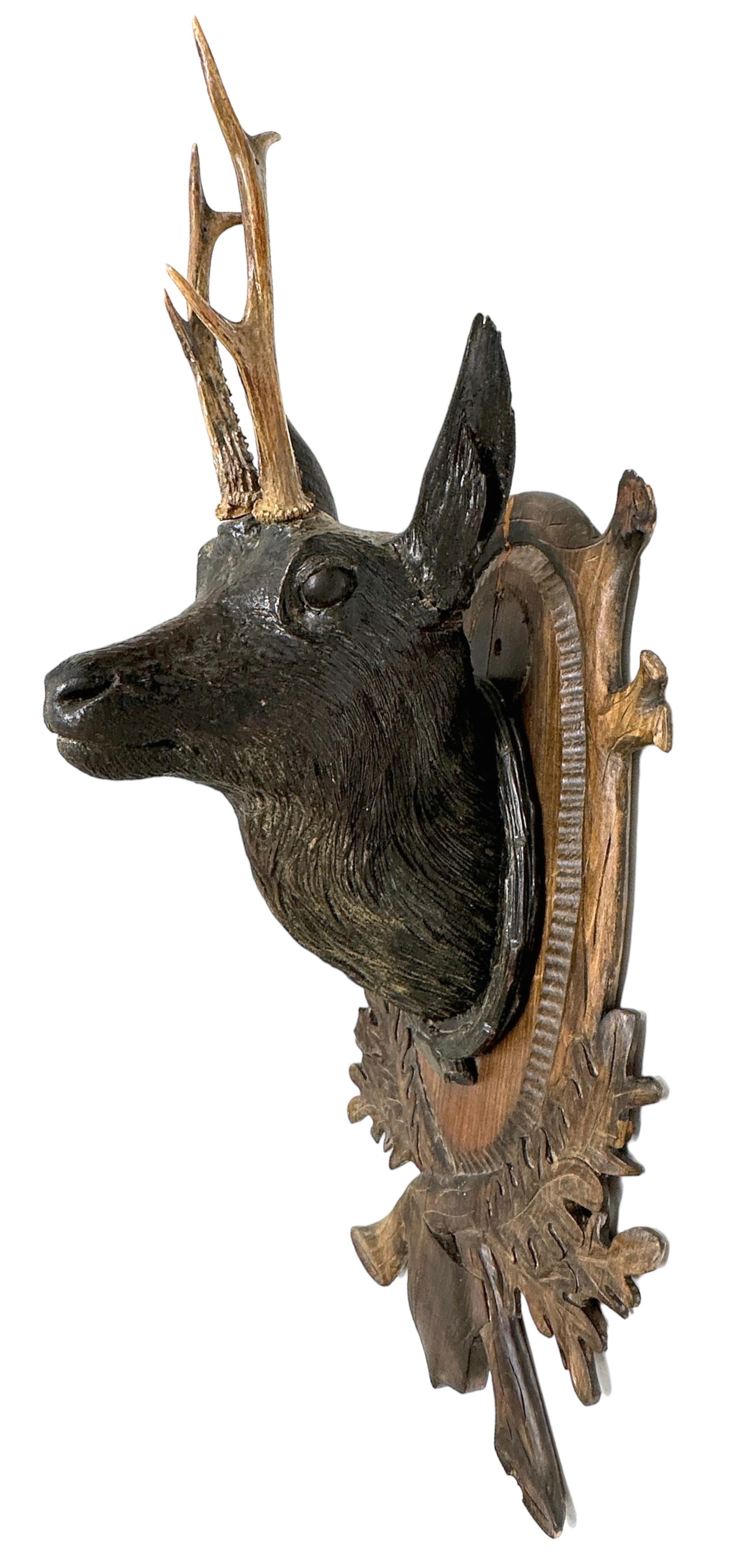 Large Folk Art Wood Carved Deer Head Plaque Trophy with Real Antlers, Austria 7