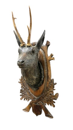 Large Folk Art Wood Carved Deer Head Plaque Trophy with Real Antlers, Austria