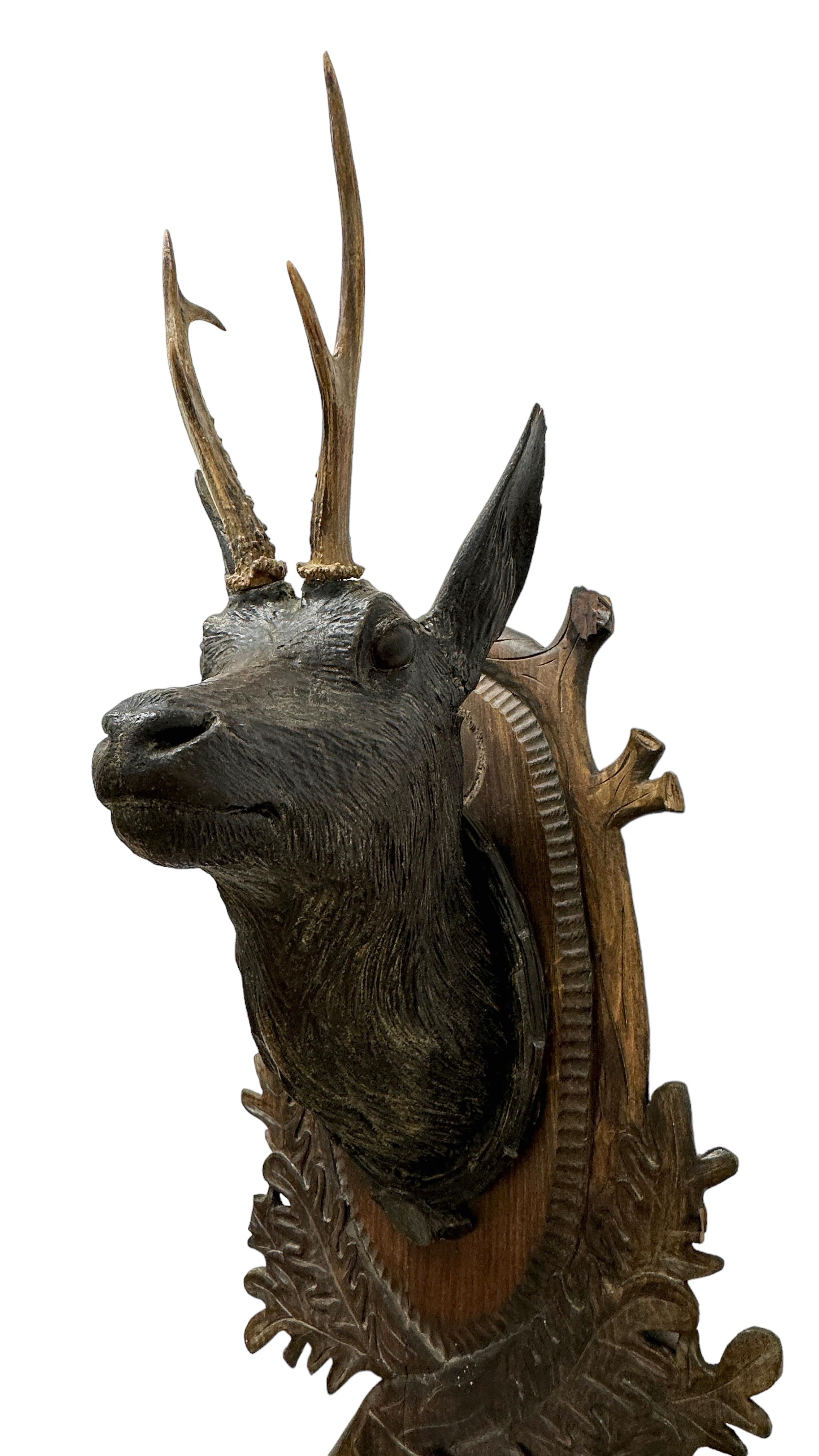 Black Forest Large Folk Art Wood Carved Deer Head Plaque Trophy with Real Antlers, Austria