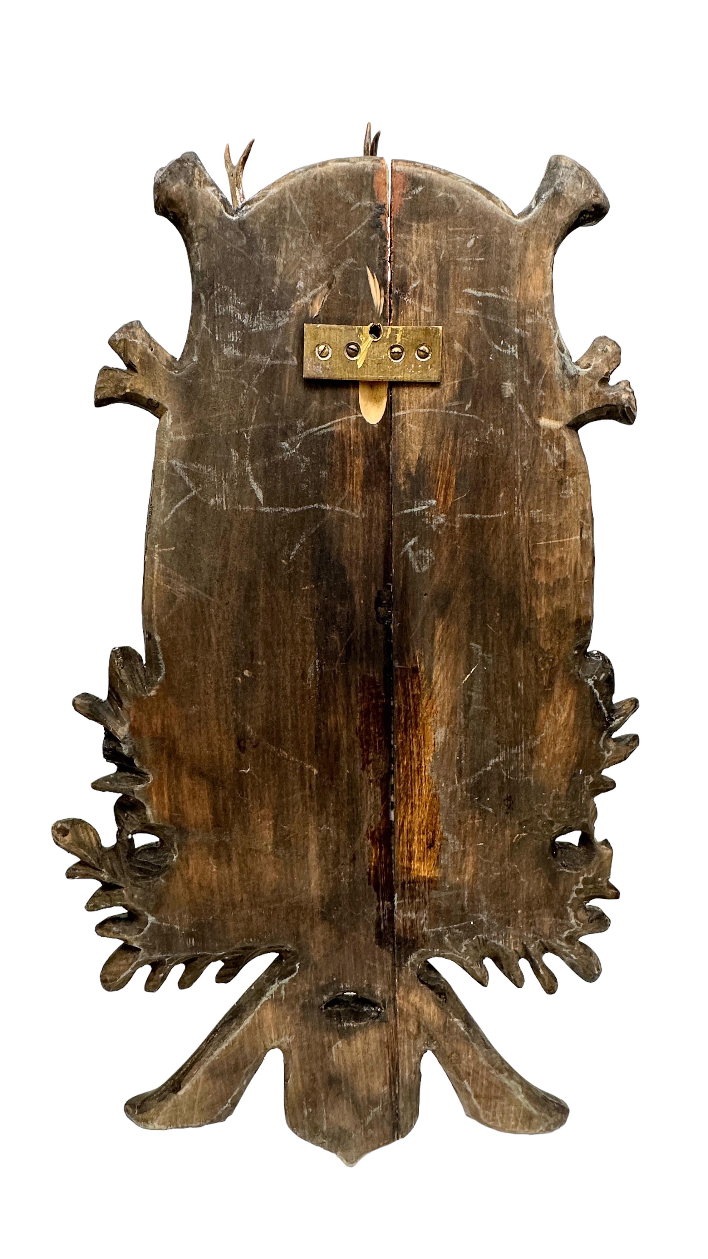 Hand-Carved Large Folk Art Wood Carved Deer Head Plaque Trophy with Real Antlers, Austria