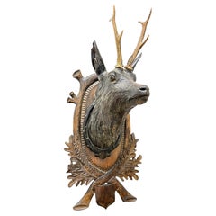 Large Folk Art Wood Carved Deer Head Plaque Trophy with Real Antlers, Austria