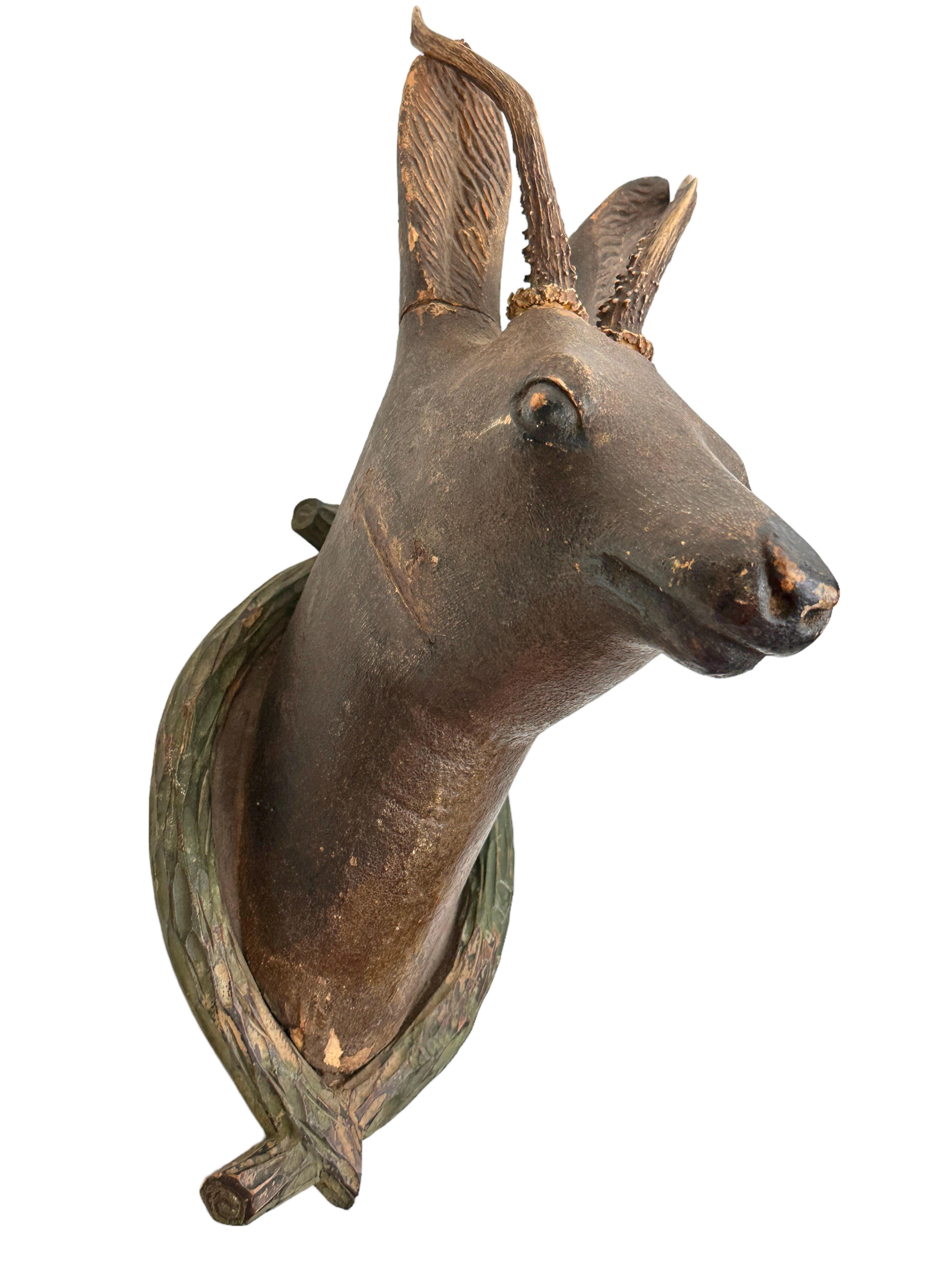 Black Forest Large Folk Art Wood Carved Deer Head with Real Antlers, Austria 19th Century
