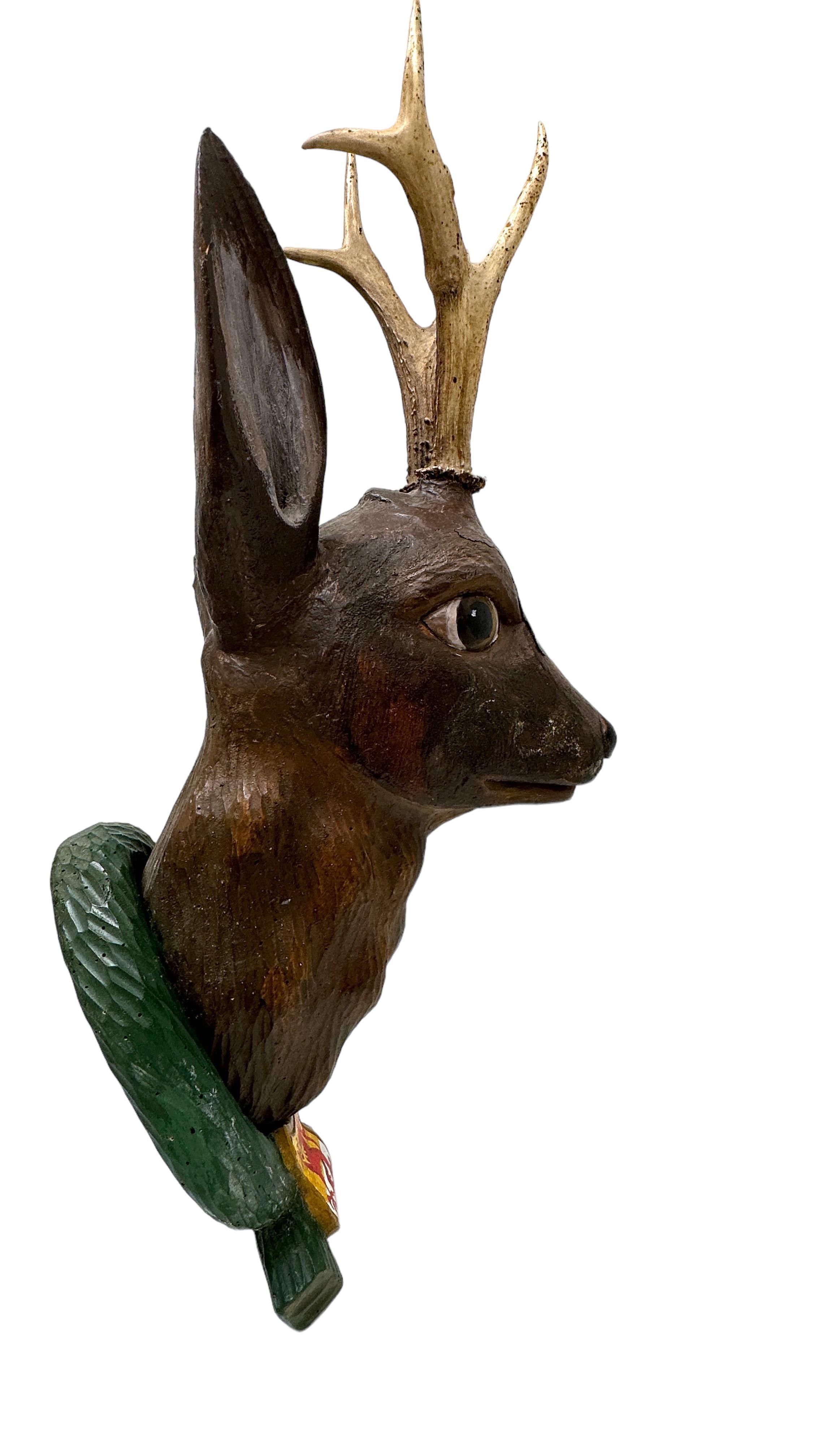 Black Forest Large Folk Art Wood Carved Deer Head with Real Antlers, Austria 19th Century For Sale