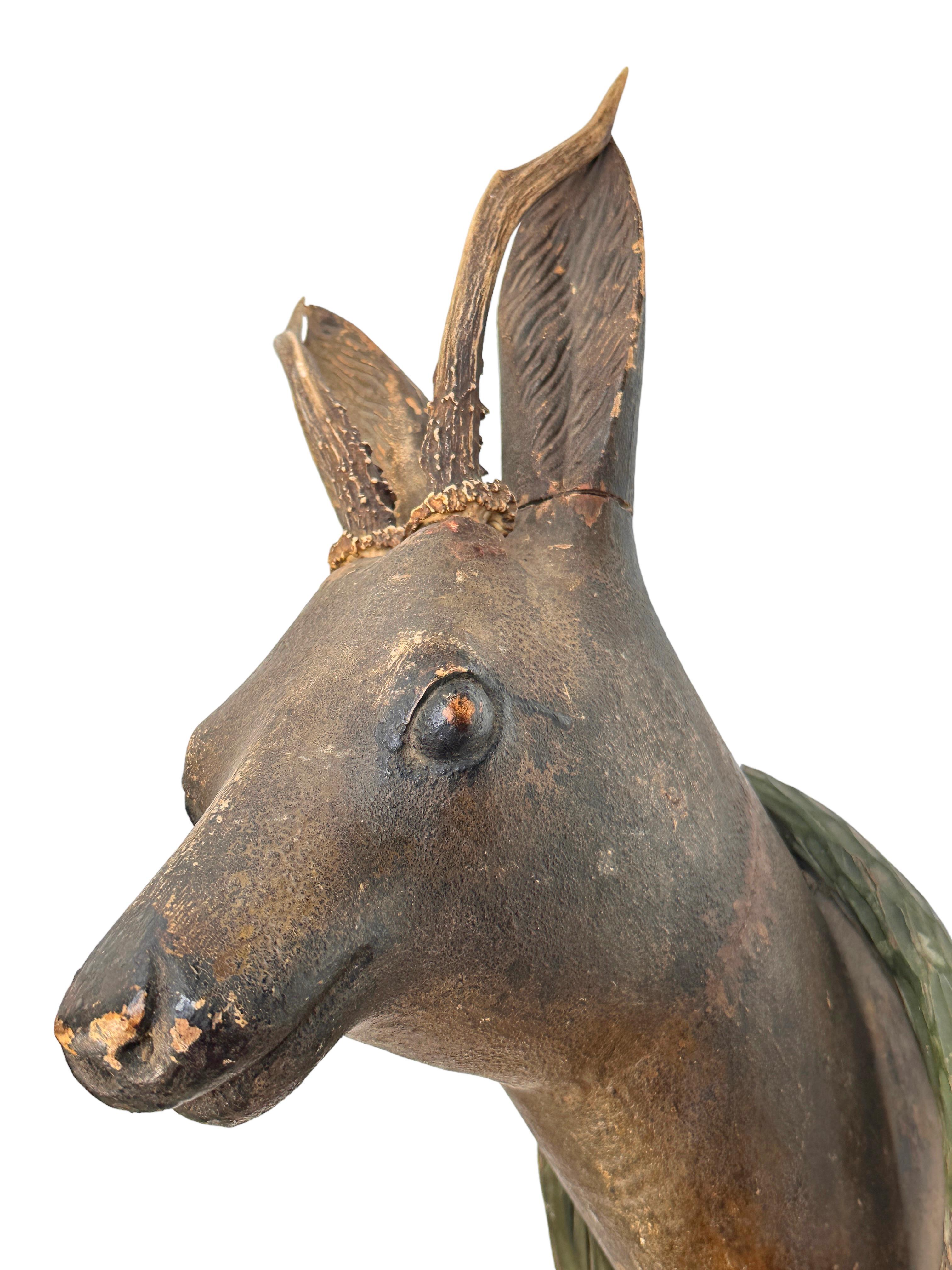 Large Folk Art Wood Carved Deer Head with Real Antlers, Austria 19th Century 2