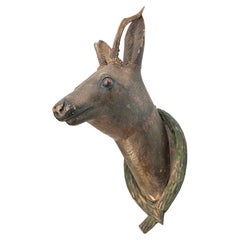 Retro Large Folk Art Wood Carved Deer Head with Real Antlers, Austria 19th Century