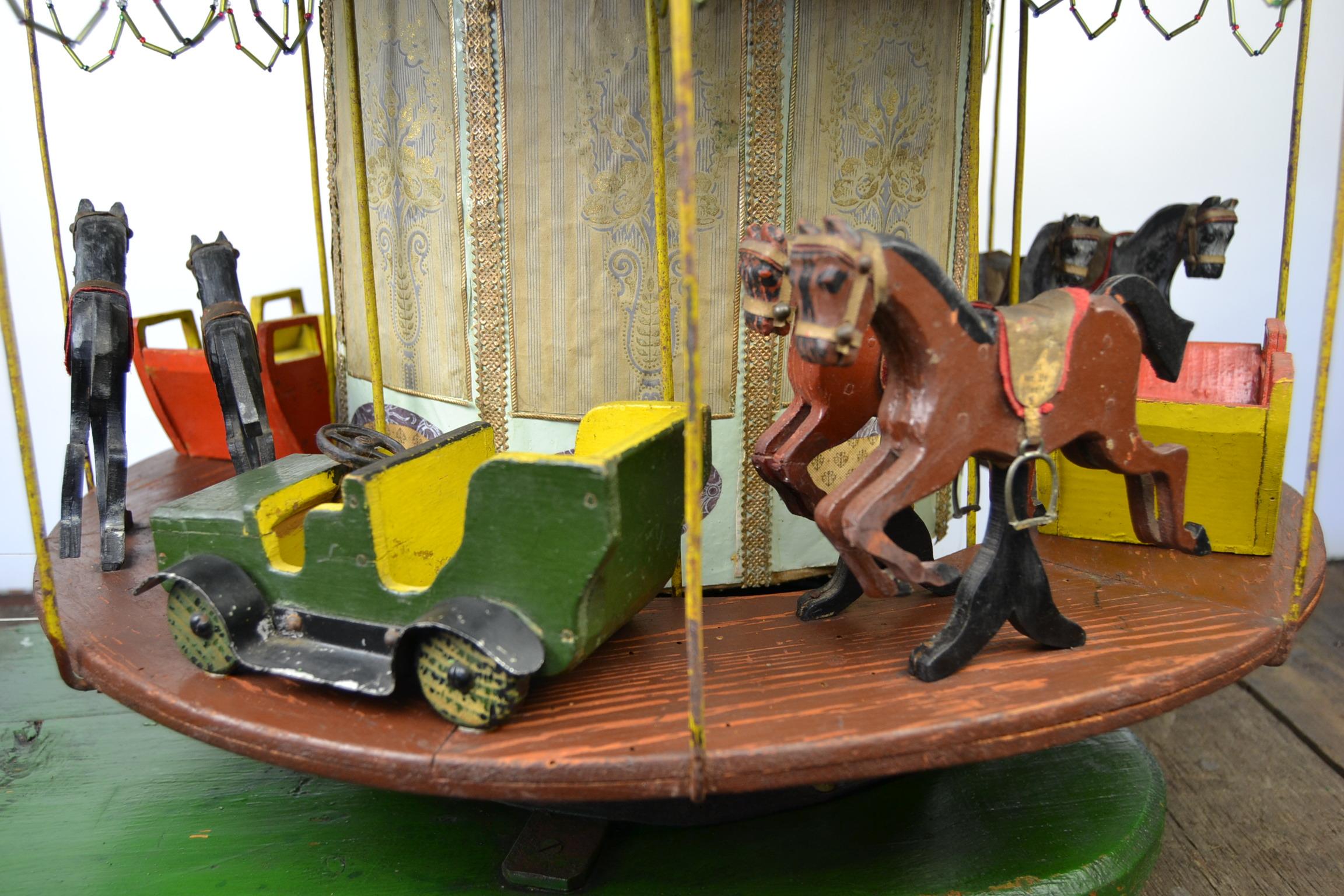 Hand-Carved Large Folk Art Wooden Merry-Go-Round Model For Sale