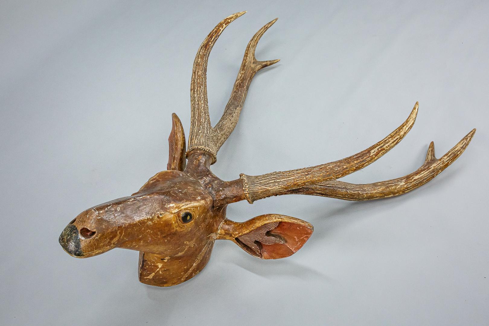 Large Folky Carved Wood Deer Trophy Head 8