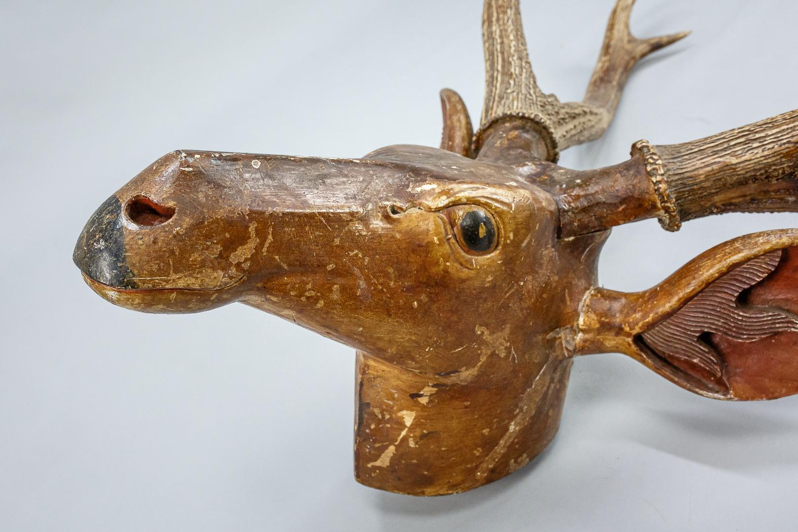 Large Folky Carved Wood Deer Trophy Head In Good Condition In Pease pottage, West Sussex