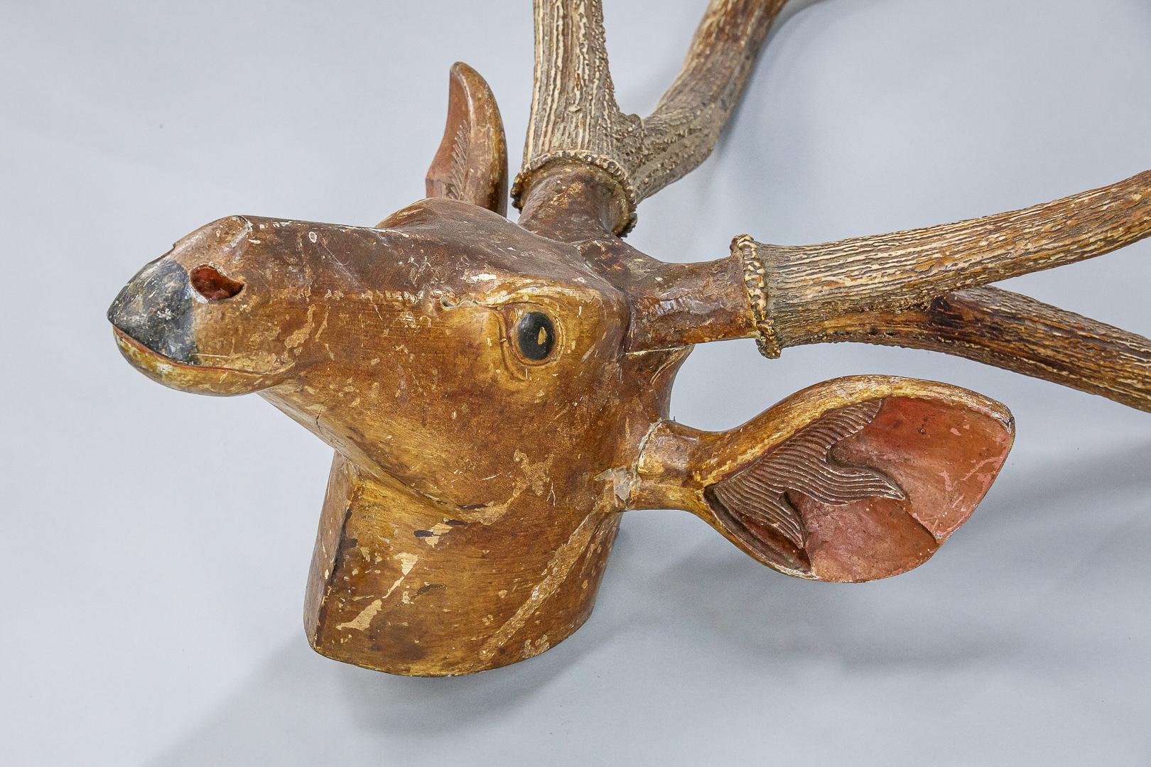 20th Century Large Folky Carved Wood Deer Trophy Head