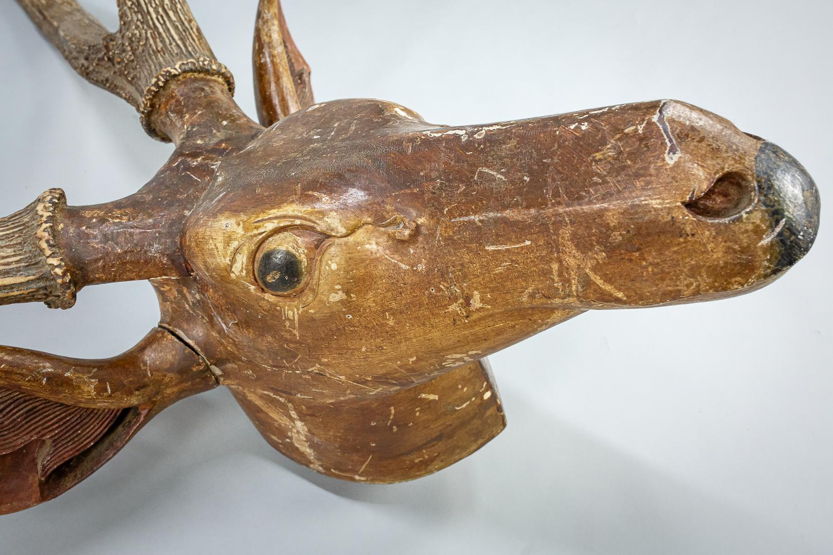 Large Folky Carved Wood Deer Trophy Head 1