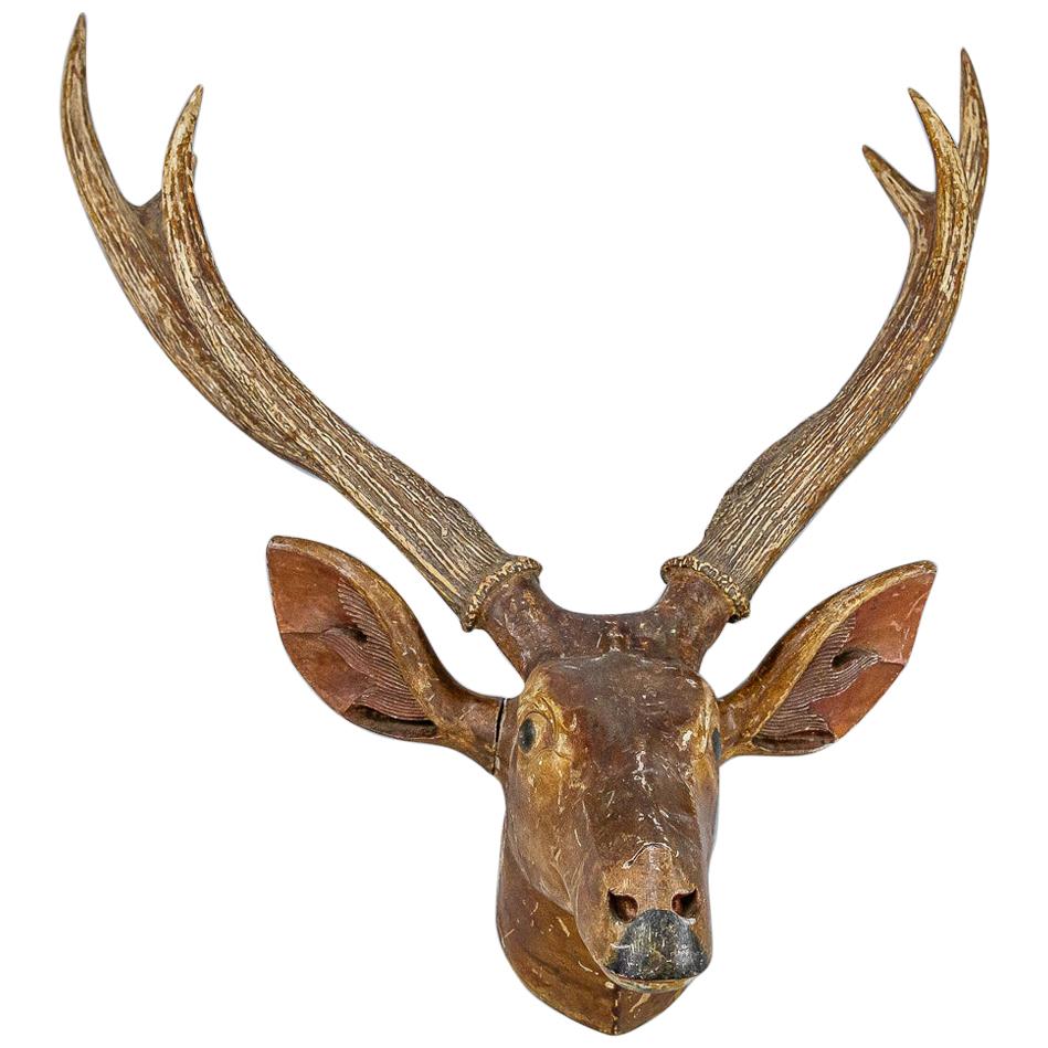 Large Folky Carved Wood Deer Trophy Head