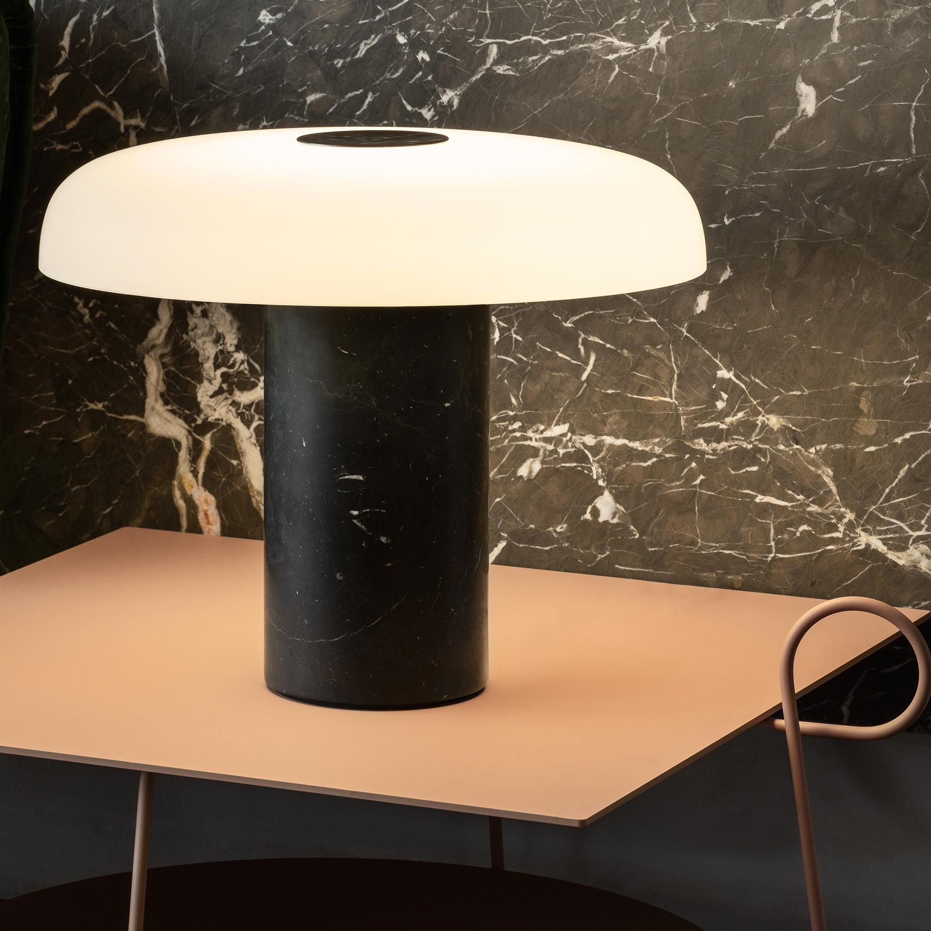 Large Fontana Arte 'Tropico' black marble & glass table lamp by Studio Buratti. Executed in high quality marble, thick etched hand blown opaline glass and galvanized glossy black metal. The 