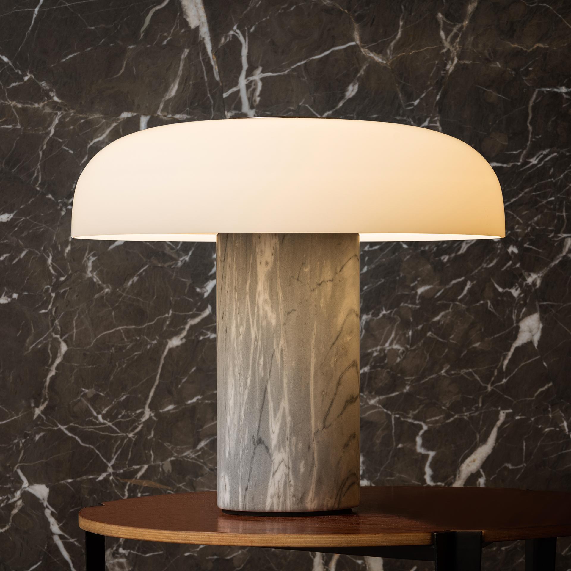 Large Fontana Arte 'Tropico' gray marble & glass table lamp by Studio Buratti. Executed in high quality marble, thick etched hand blown opaline glass and galvanized glossy black metal. The 