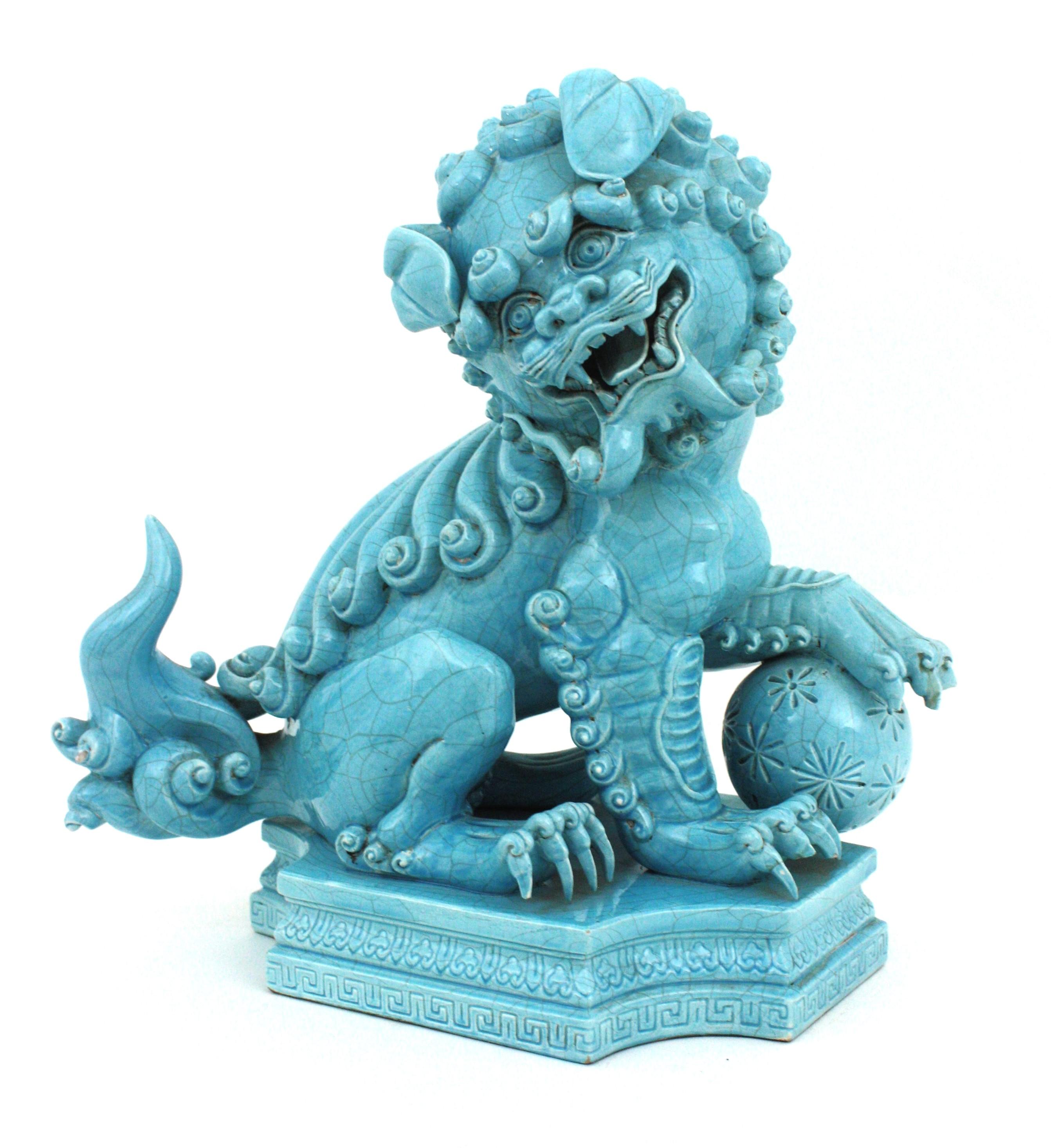 Große Foo Dog Guardian Löwenblaue Porzellanskulptur im Angebot 2