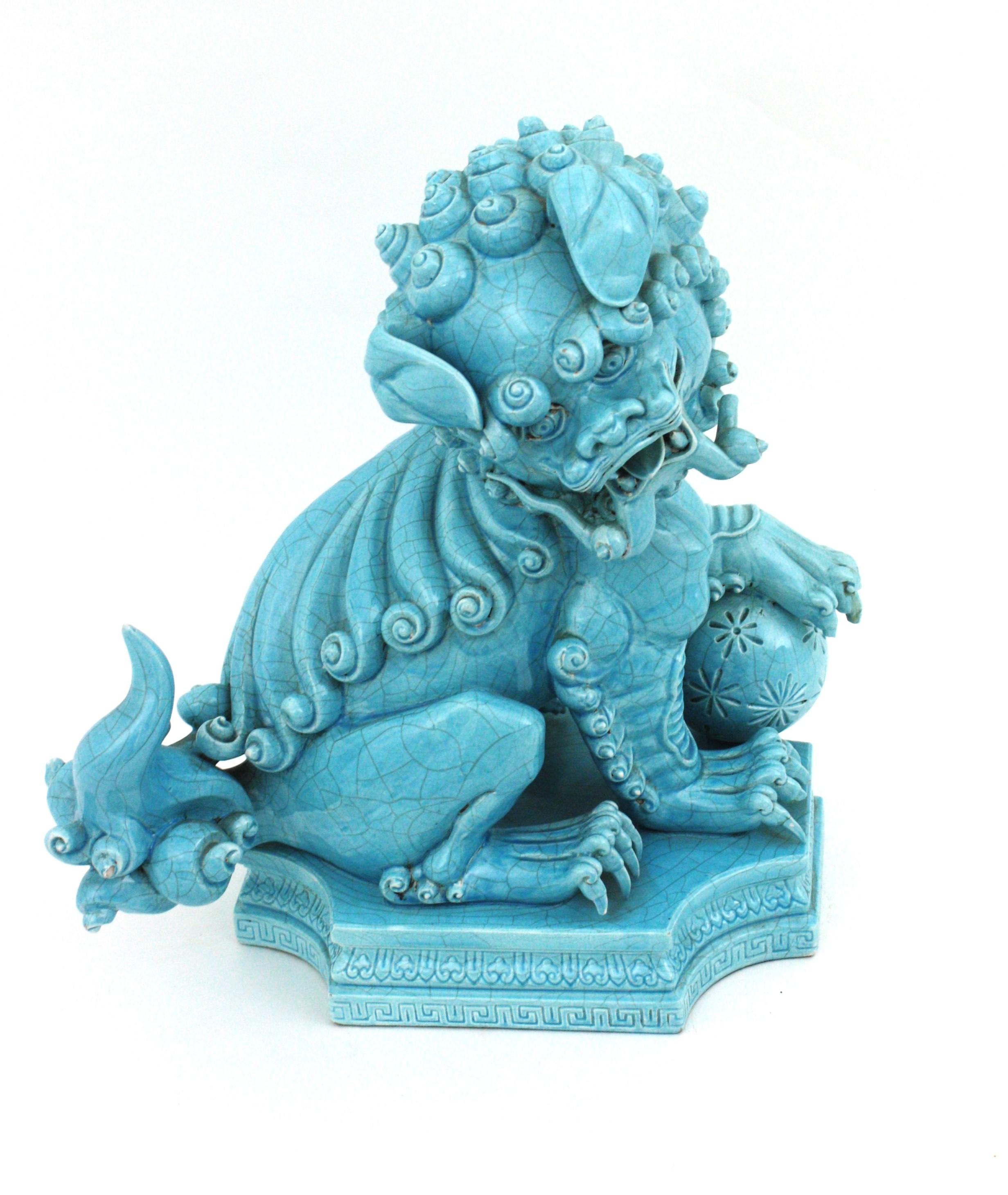 Large Foo Dog Guardian Lion Blue Porcelain Sculpture For Sale 3