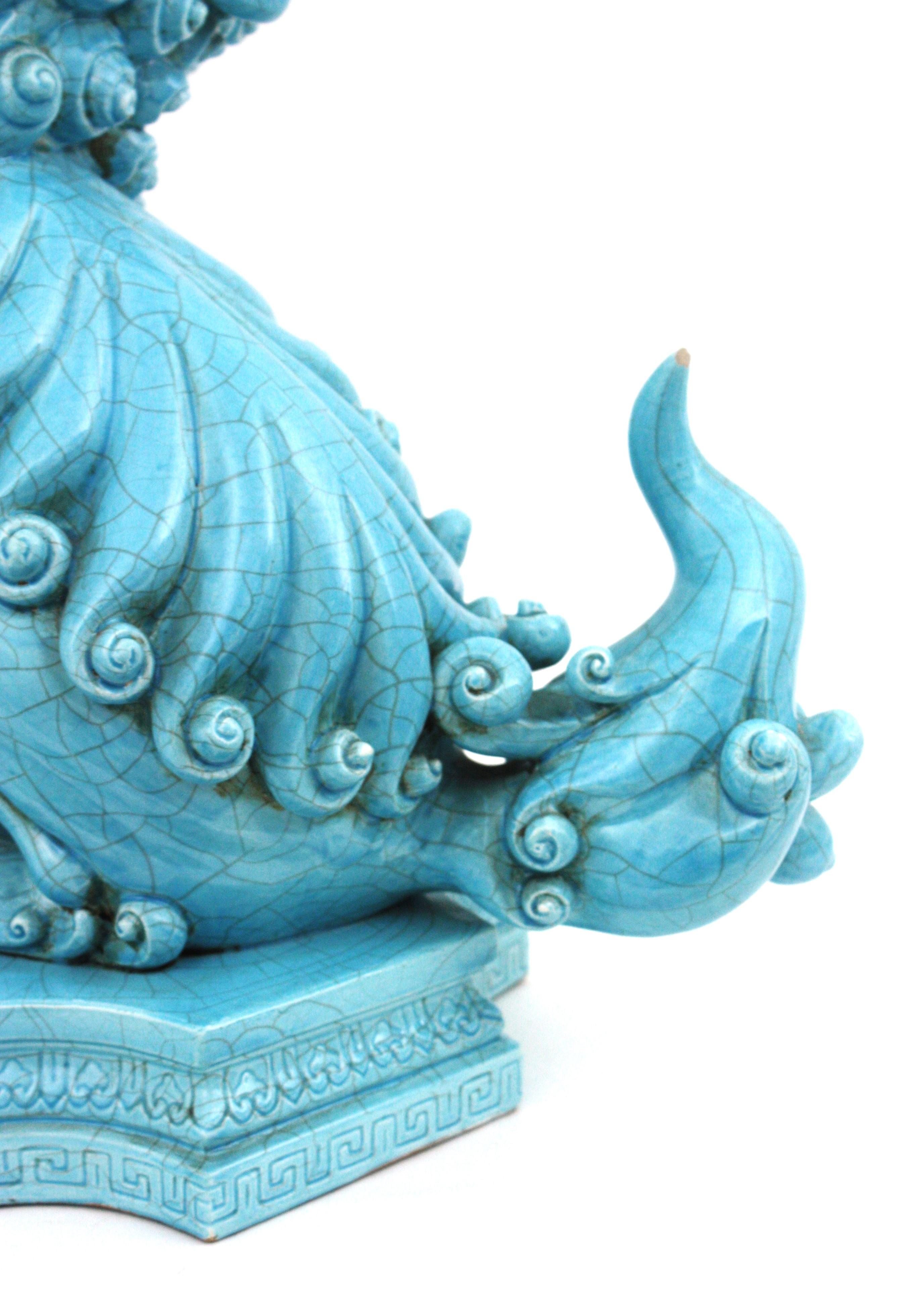 Large Foo Dog Guardian Lion Blue Porcelain Sculpture For Sale 4
