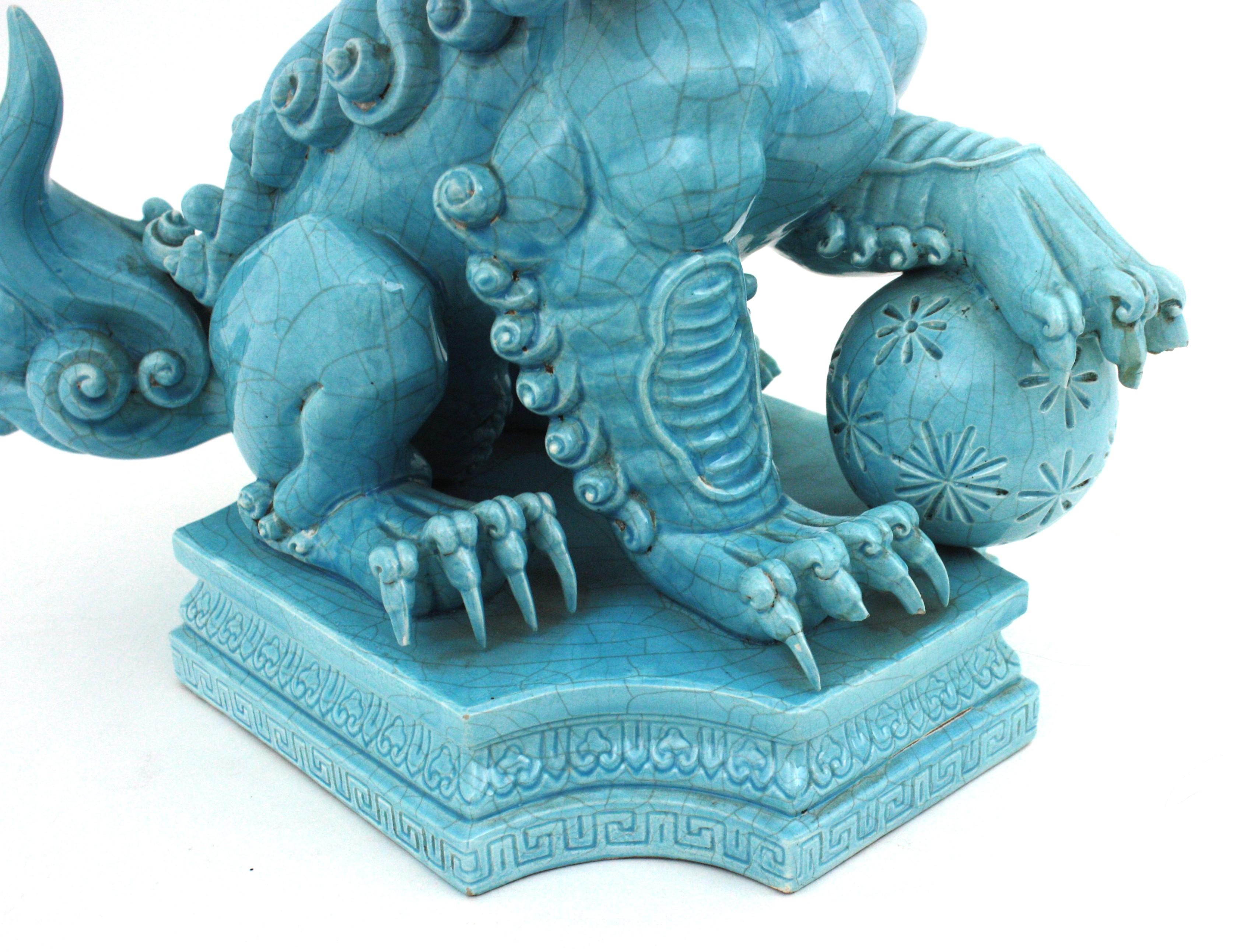 Large Foo Dog Guardian Lion Blue Porcelain Sculpture For Sale 6