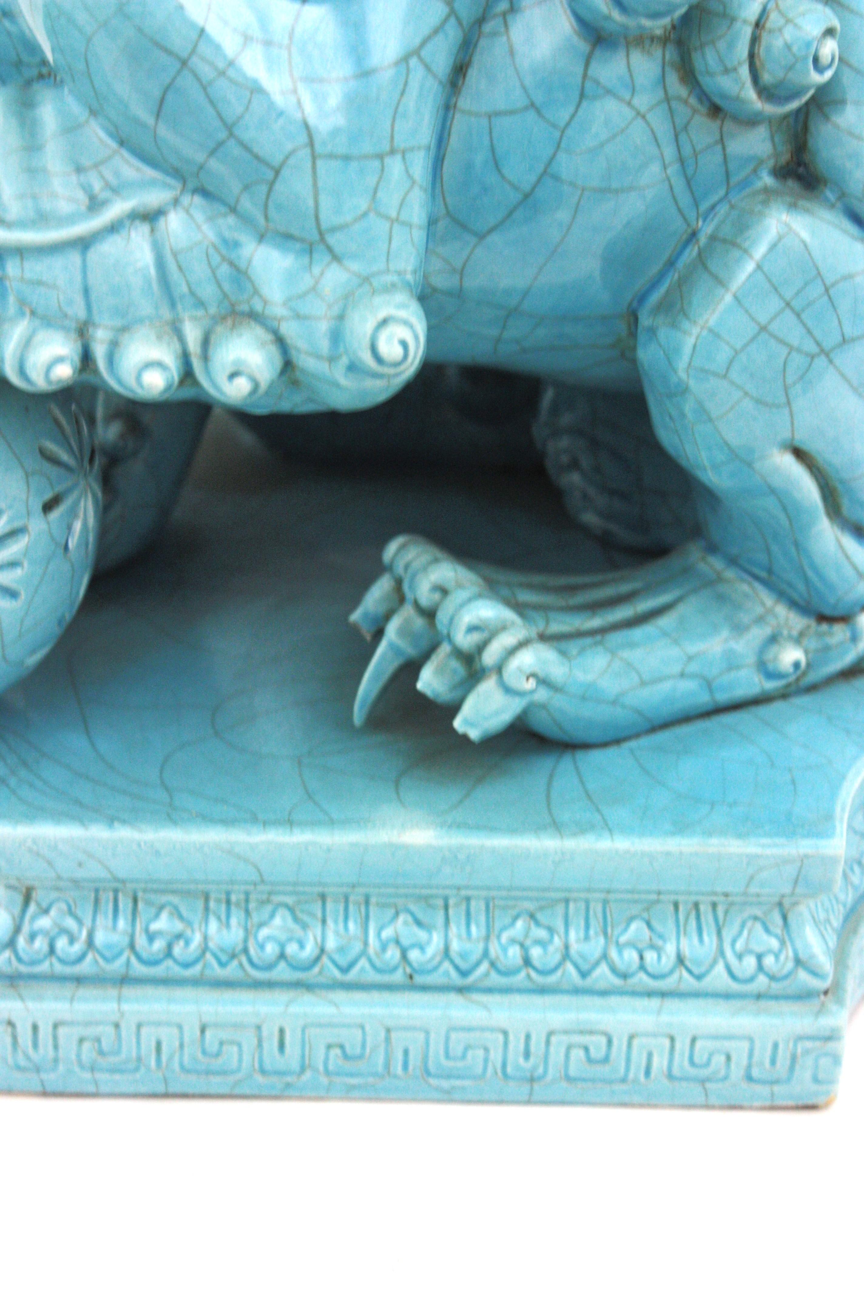 Large Foo Dog Guardian Lion Blue Porcelain Sculpture For Sale 7