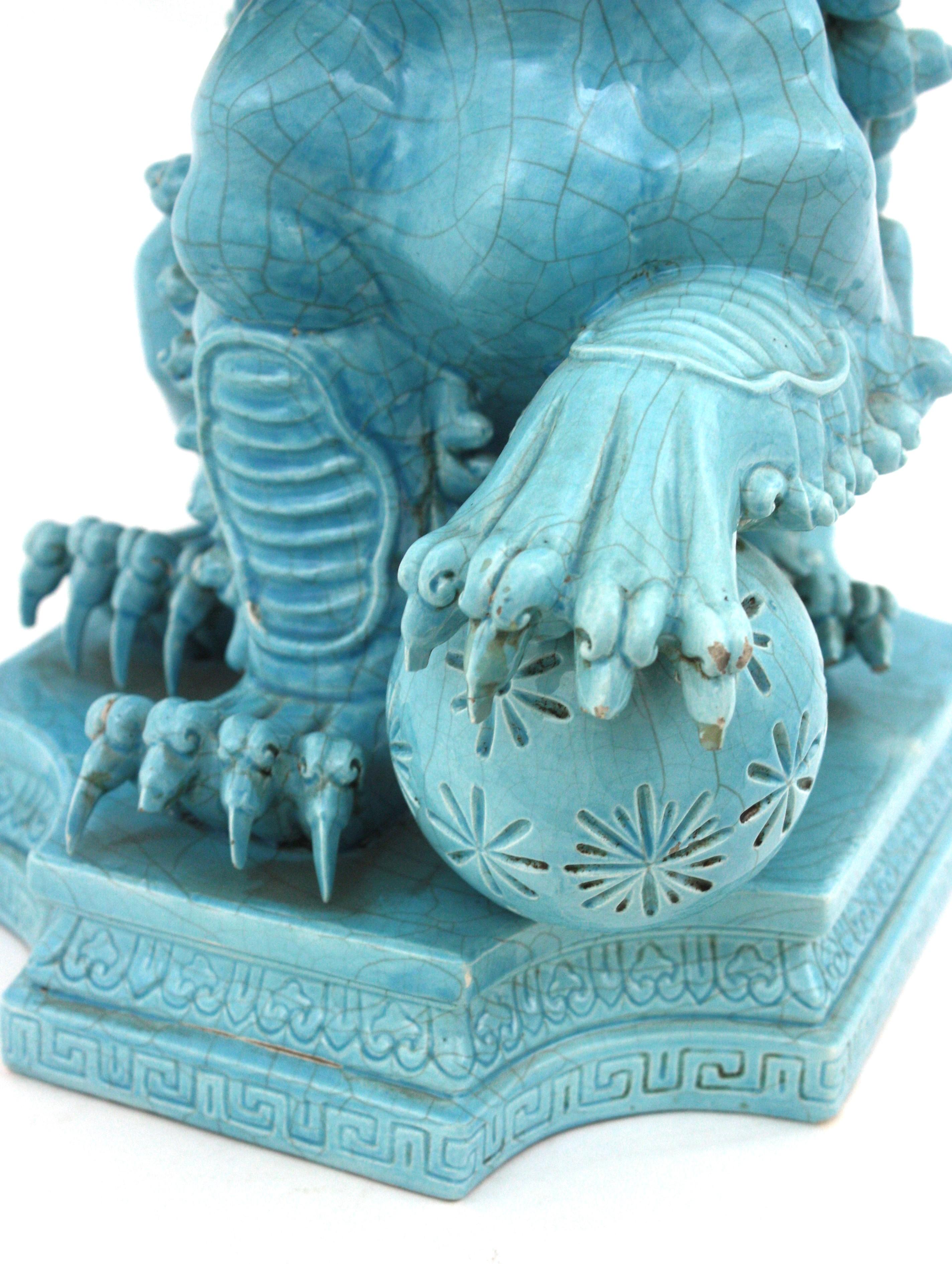 Large Foo Dog Guardian Lion Blue Porcelain Sculpture For Sale 8