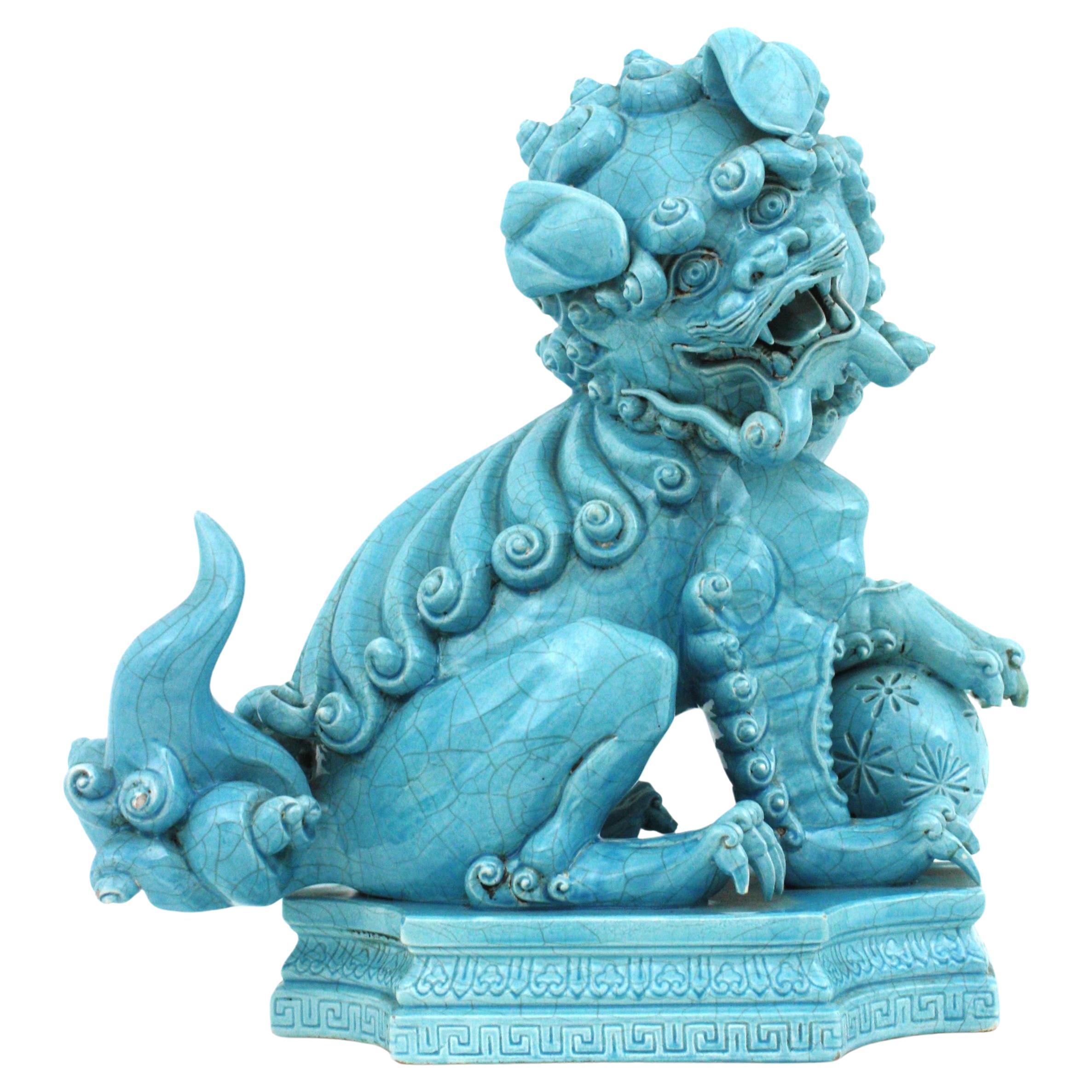 Mid-Century Modern Large Foo Dog Guardian Lion Blue Porcelain Sculpture For Sale