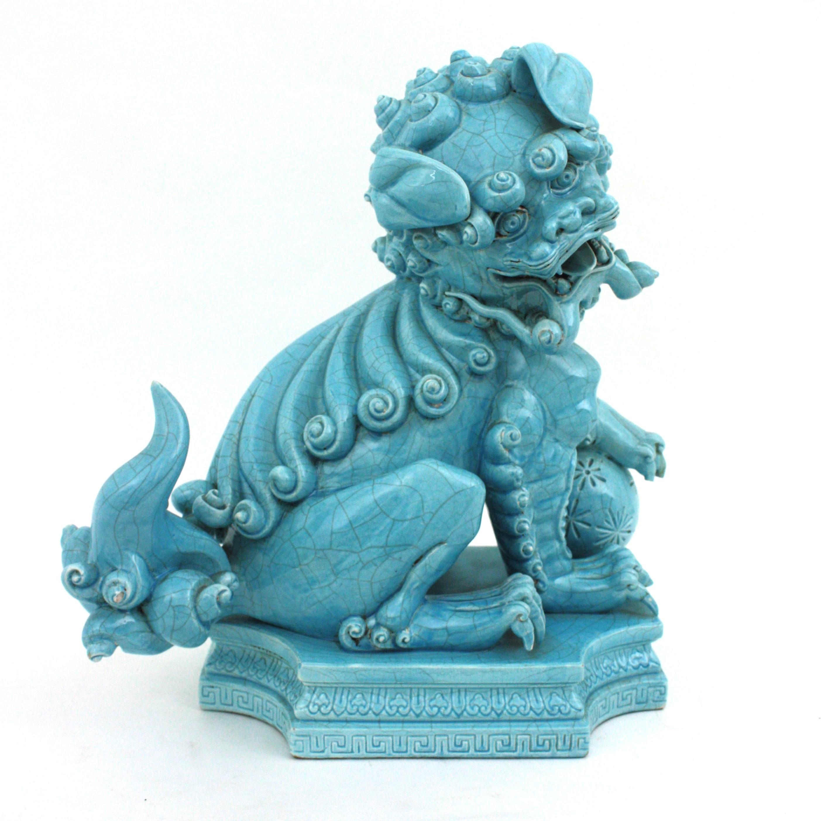 Spanish Large Foo Dog Guardian Lion Blue Porcelain Sculpture For Sale