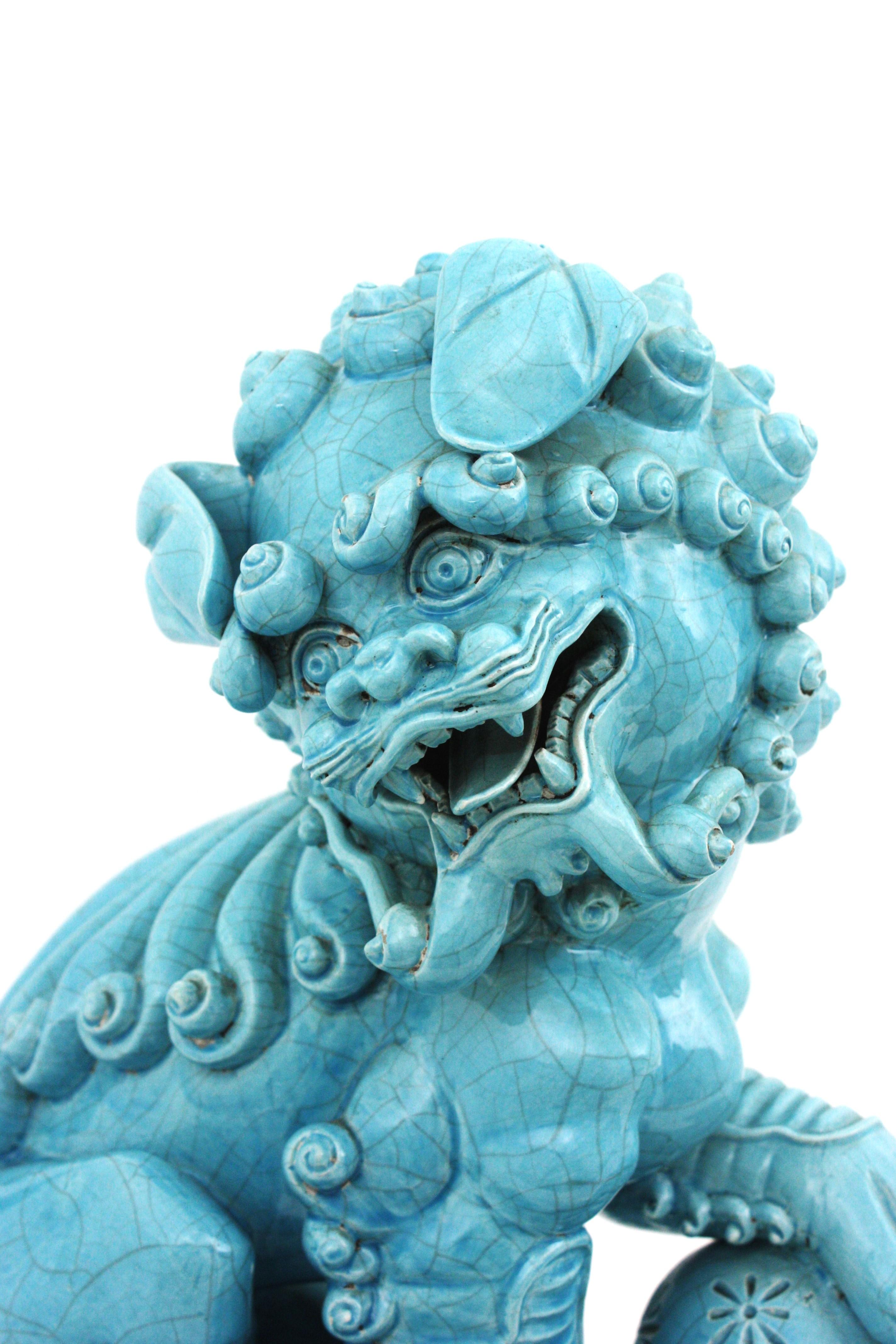 Glazed Large Foo Dog Guardian Lion Blue Porcelain Sculpture For Sale
