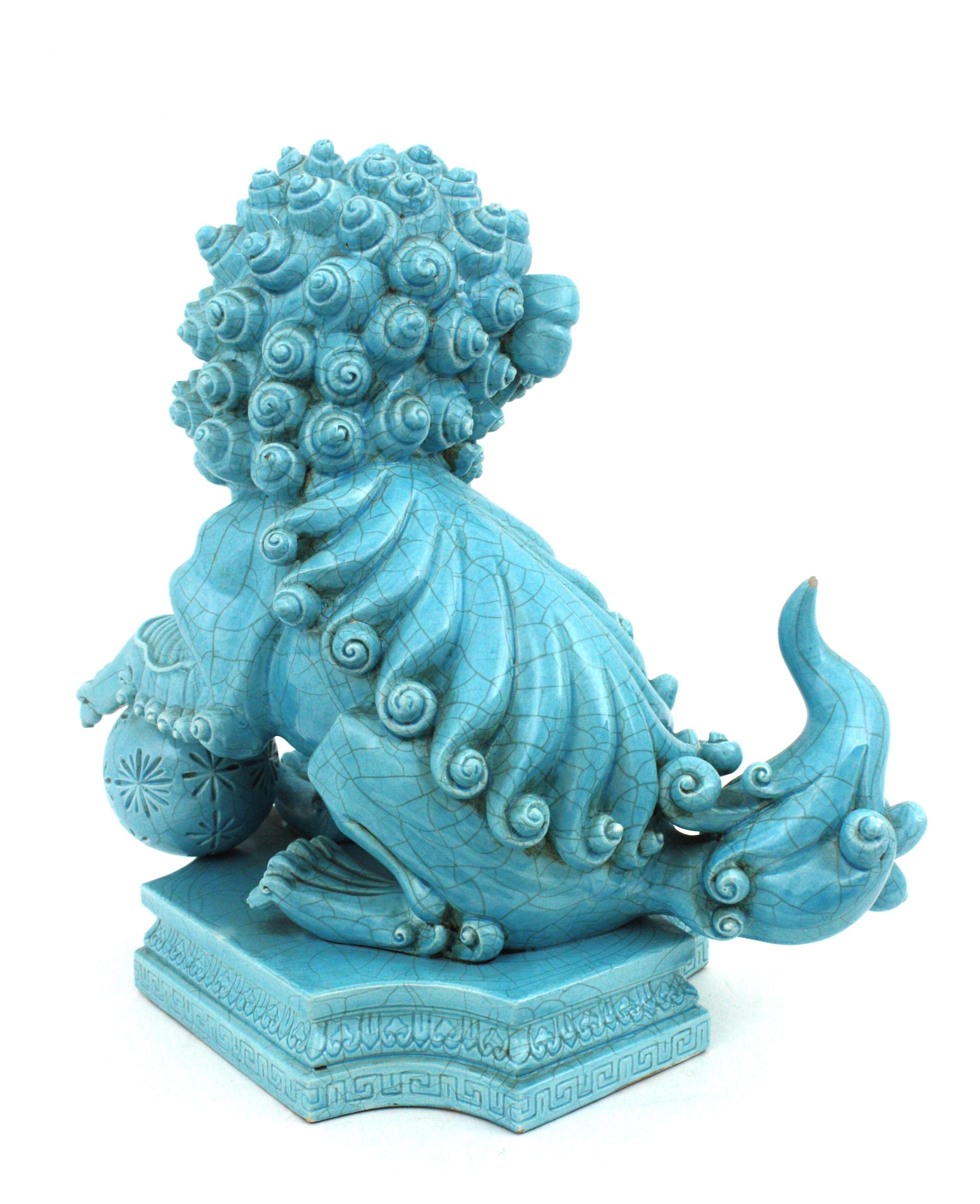 Ceramic Large Foo Dog Guardian Lion Blue Porcelain Sculpture For Sale