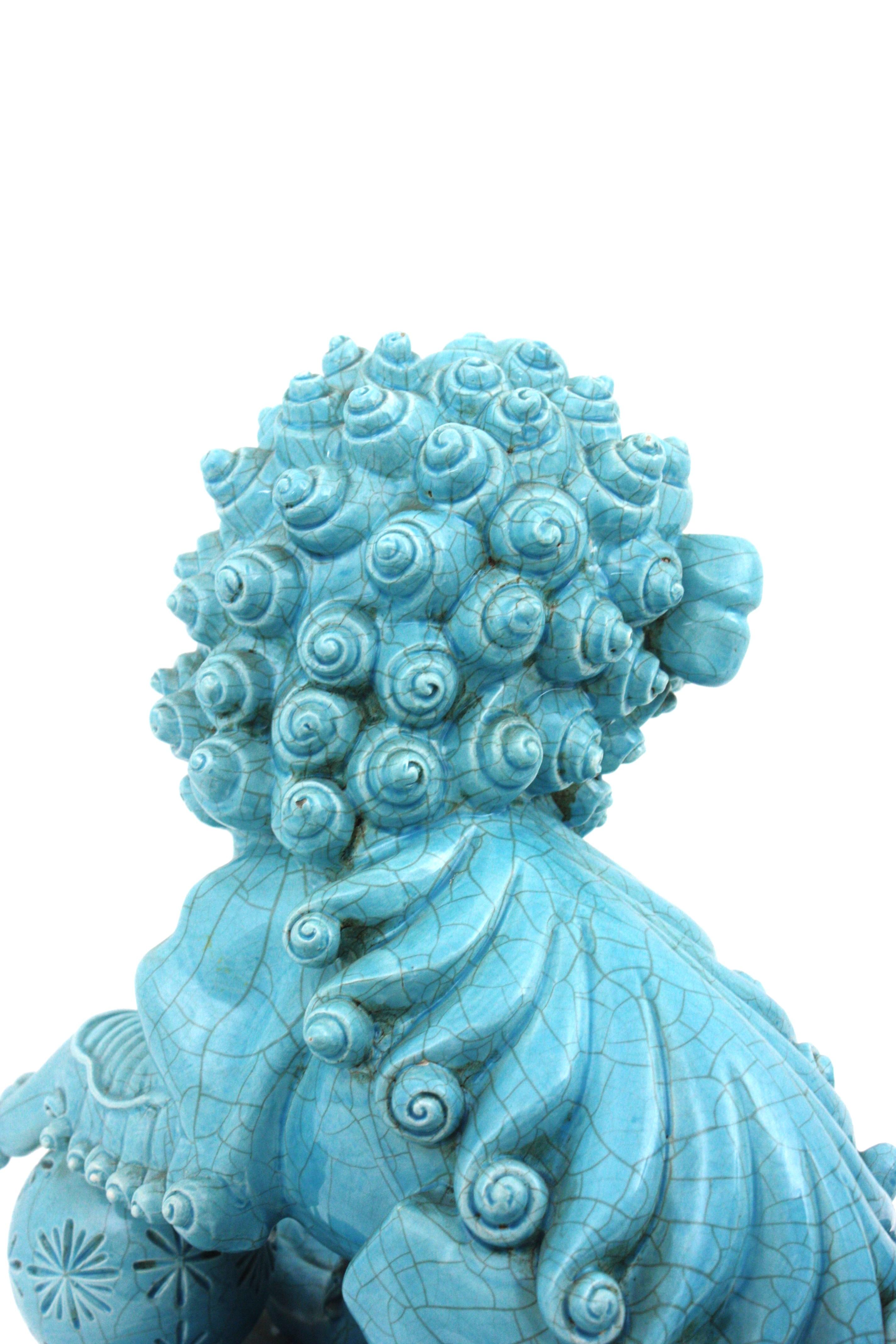 Large Foo Dog Guardian Lion Blue Porcelain Sculpture For Sale 1