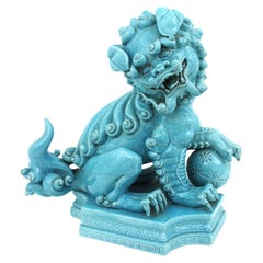 Used Large Foo Dog Guardian Lion Blue Porcelain Sculpture